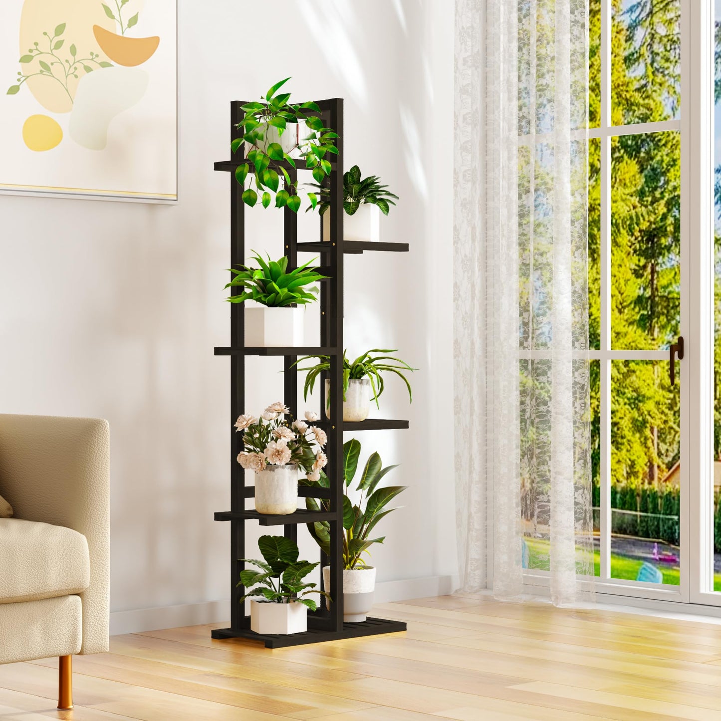 ROMGUAR CRAFT 6 Tier Bamboo Plant Stand Indoor, Wood Tall Flower Holder Corner Tiered Plant Shelf for Multiple Plants (Brown)