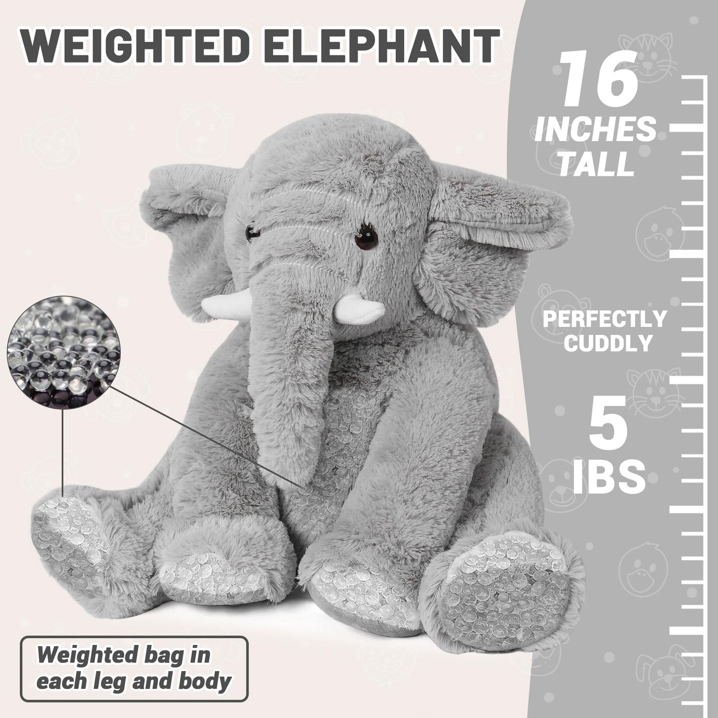 JellyMallow Elephant Weighted Stuffed Animals 5 lbs 16 inches Gray, Large Weighted Elephant Plushie Cuddly Pillow Gift for Kids & Adults