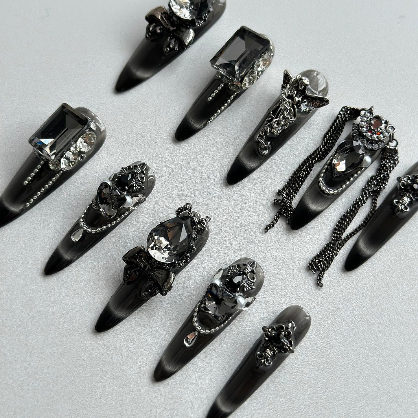 Luxury Press on Nails Long Almond Handmade 3D Unique Reusable ABS Material Fake Nails Black Gothic False Nails with Designs Chain Rhinestones Charms Glitter Glossy Thick Acrylic Nails(M)