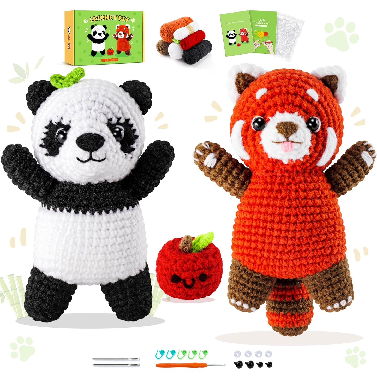 Crochet Kit for Beginners - 2PCS White and Red Panda Crochet Animal Kit with Step-by-Step Video Tutorials, Apple Crocheting Kit, Crochet Starter Kit for Adults, Beginners Knitting Kit for Birthday