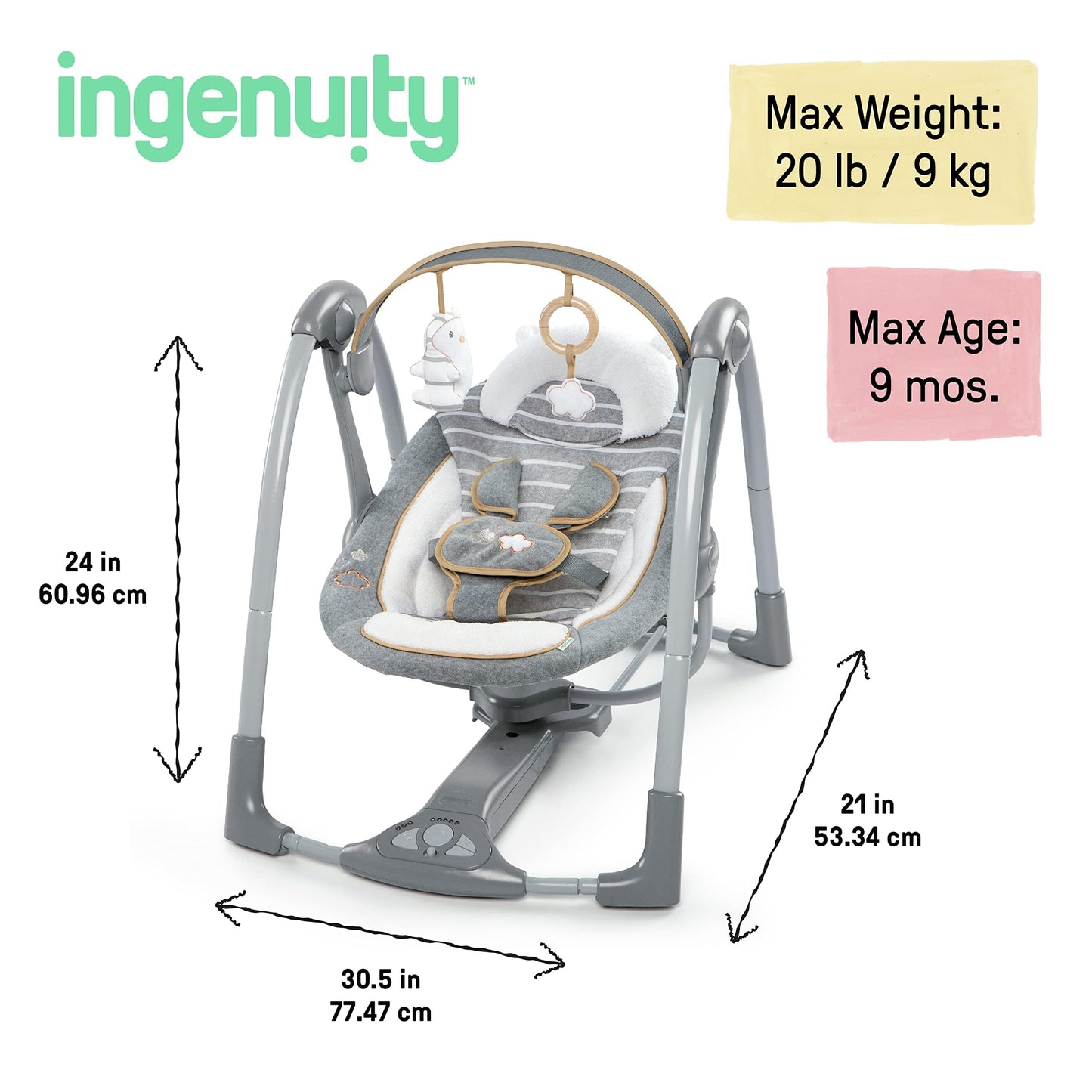 Ingenuity Swing 'n Go Deluxe 5-Speed Baby Swing with Cushioned Harness - Foldable, Portable, 2 Plush Toys & Sounds, 0-9 Months 6-20 lbs (Bella Teddy)