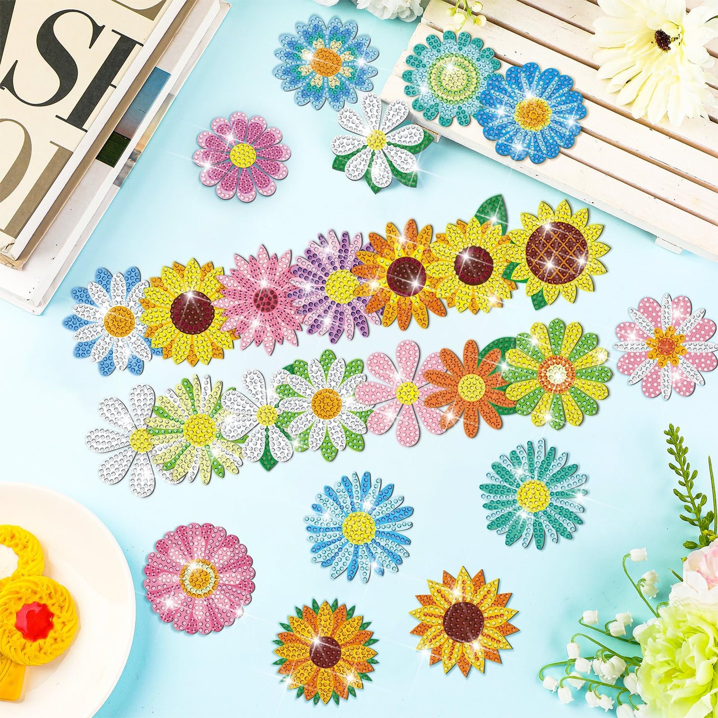 Copkim 30 Pcs Diamond Art Magnets Refrigerator Easy Art Kits Fridge Diamond Painting Magnets Stickers for Adults DIY Home Decors Flower Butterfly(Daisy)
