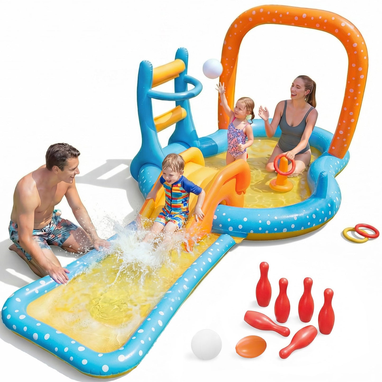 Inflatable Kiddie Pool with Dual Slides, Kids Splash Pool Play Center with Water Slide & Slip Slide, Outdoor Backyard Water Toy for Toddlers