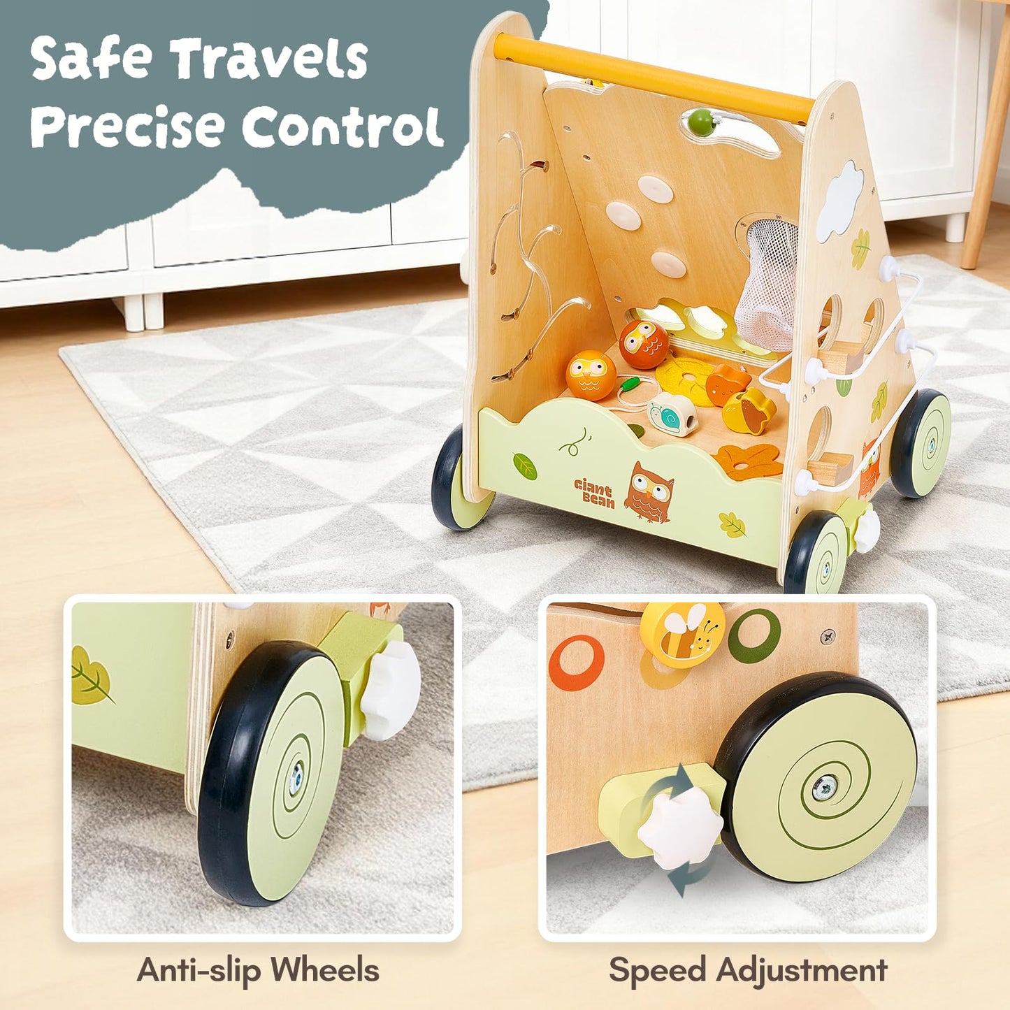 10-in-1 Wooden Baby Walker with Activity Center, Forest Montessori Push Toy for Toddlers 1–3, Bead Maze, Shape Sorter, Gears, Puzzles Fine-Motor Learning, Speed Adjustable Wood Walker for First Steps