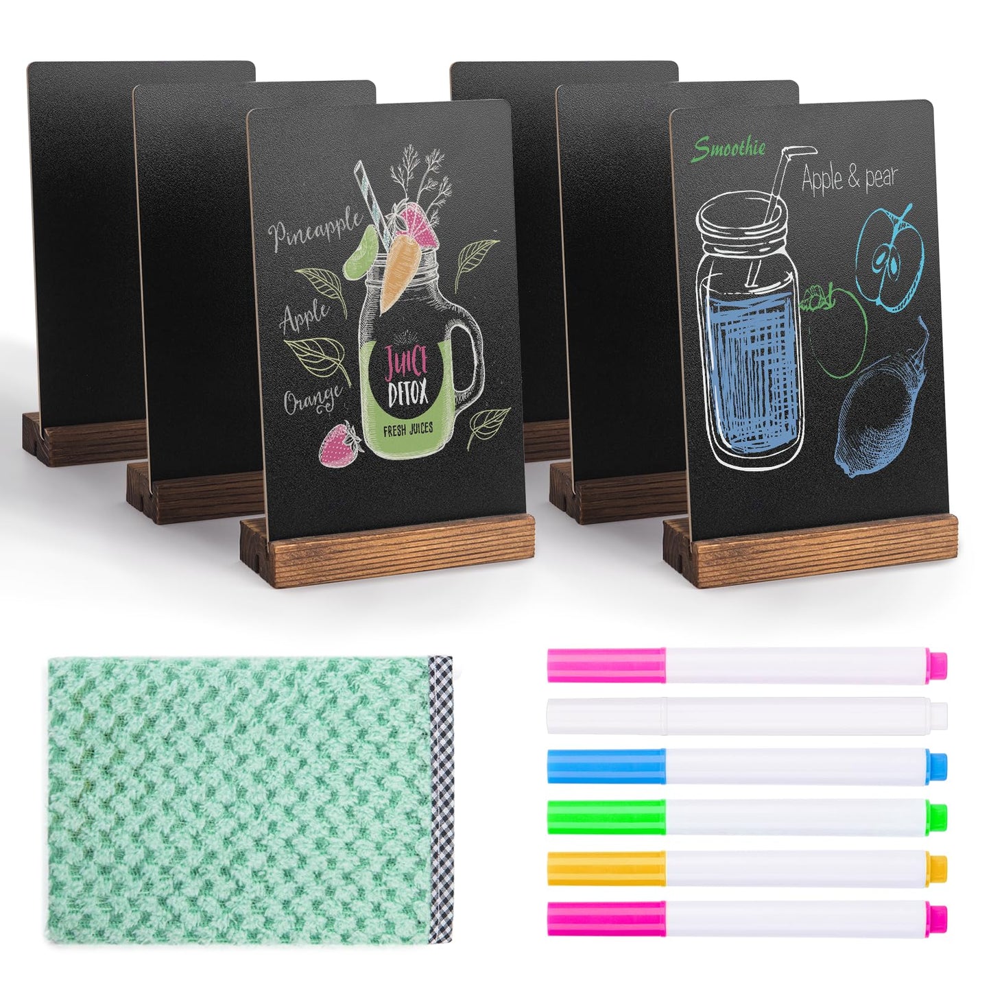 JEFURE 6Pcs Tabletop Chalkboard Sign, 7.8x5 Inch Double-Sided Message Boards, Blackboard with Base Stands for Coffee Shop, Restaurant, Home, Bar
