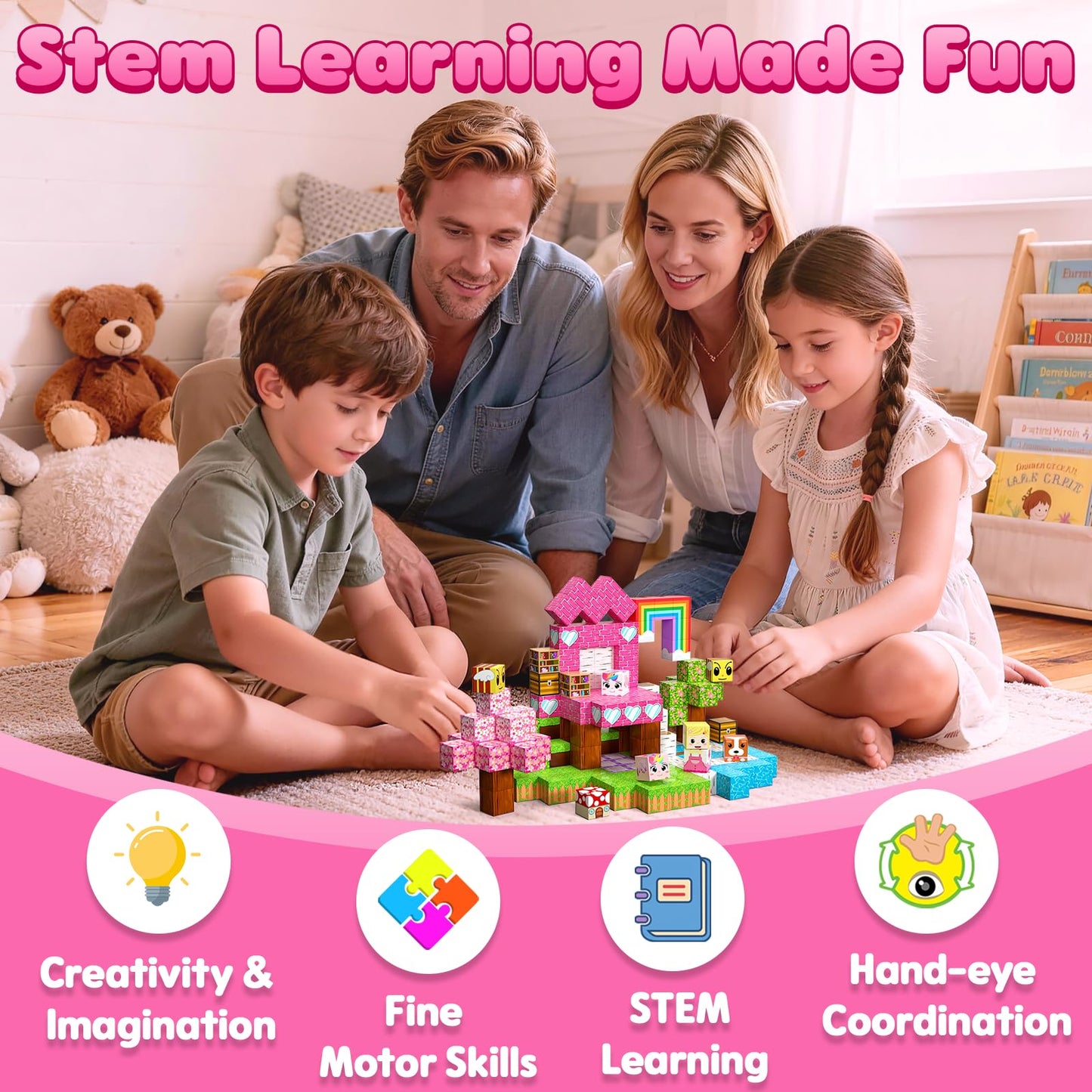 SSAWER Magnetic Blocks, 100PCS Magnetic Building Blocks, Stacking Magnets for Kids, Sensory Toy for STEM Constructions Magnet Blocks for Girls Age 3+, Christmas Birthday Gifts