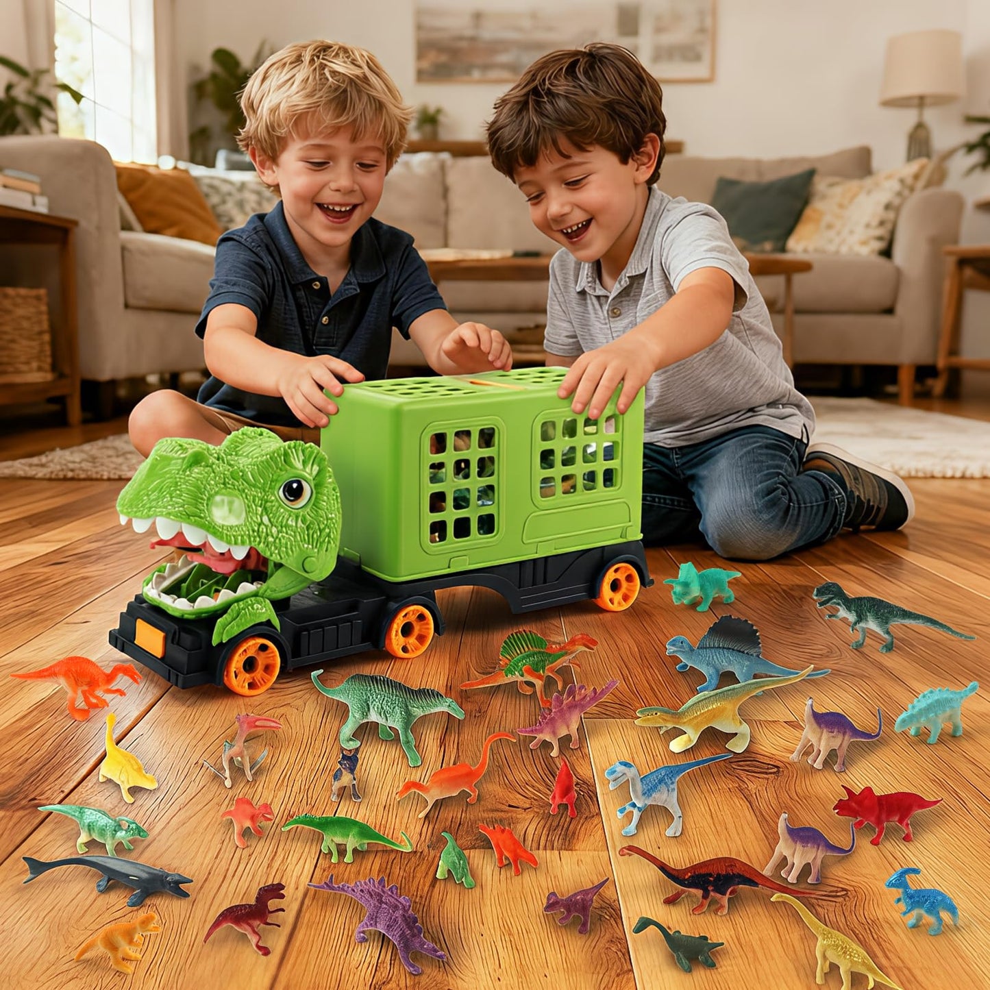 Oiuros 50PCS Dinosaur Truck Toy, Tyrannosaurus Capture Vehicle with 50 Dinosaur Figures, Educational Jurassic Playset for Boys & Girls - Perfect Birthday