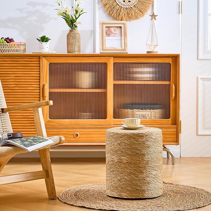 Wimarsbon Natural Seagrass Foot Stool, Hand Weaving Round Ottoman, for Living Room, Outdoor Seat (Natural)
