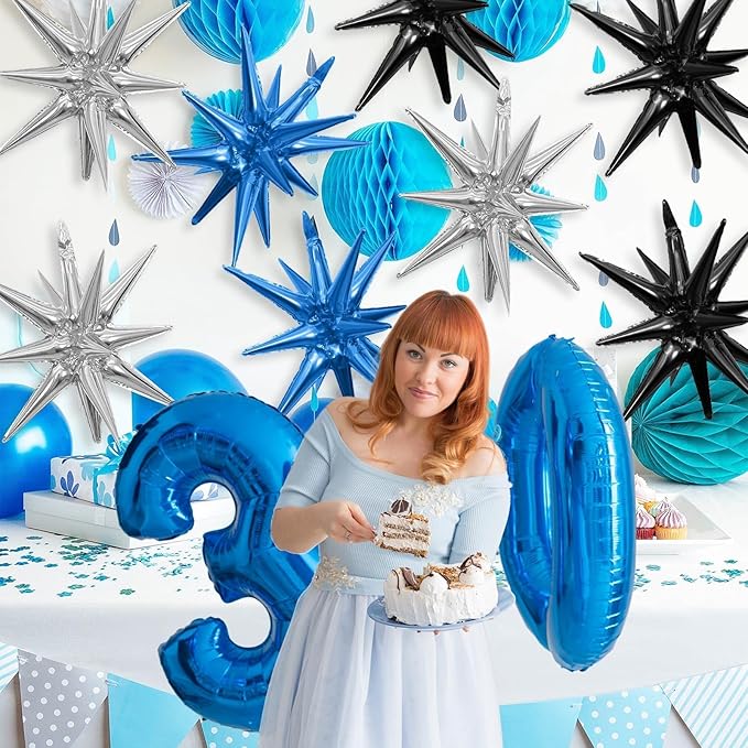 Black Blue Silver Star Balloons,9Pcs 22Inch Black Blue Silver Explosion Spike Cone Helium Polyester Film Star Foil Balloons for Birthday Anniversary Baby Shower Disco Party Decorations