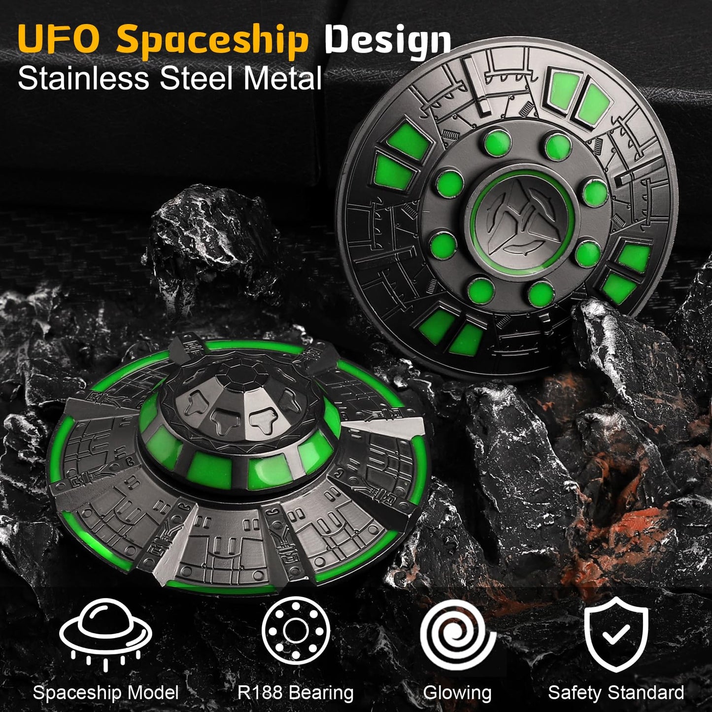 UFO Fidget Spinner for Kids Adults, Metal Luminous Space Desk Toy, Cool EDC Gadgets Anxiety Stress Relief Toys, Holiday Stocking Stuffer, Birthday Party Favor Gifts for Office Spaceship Toy