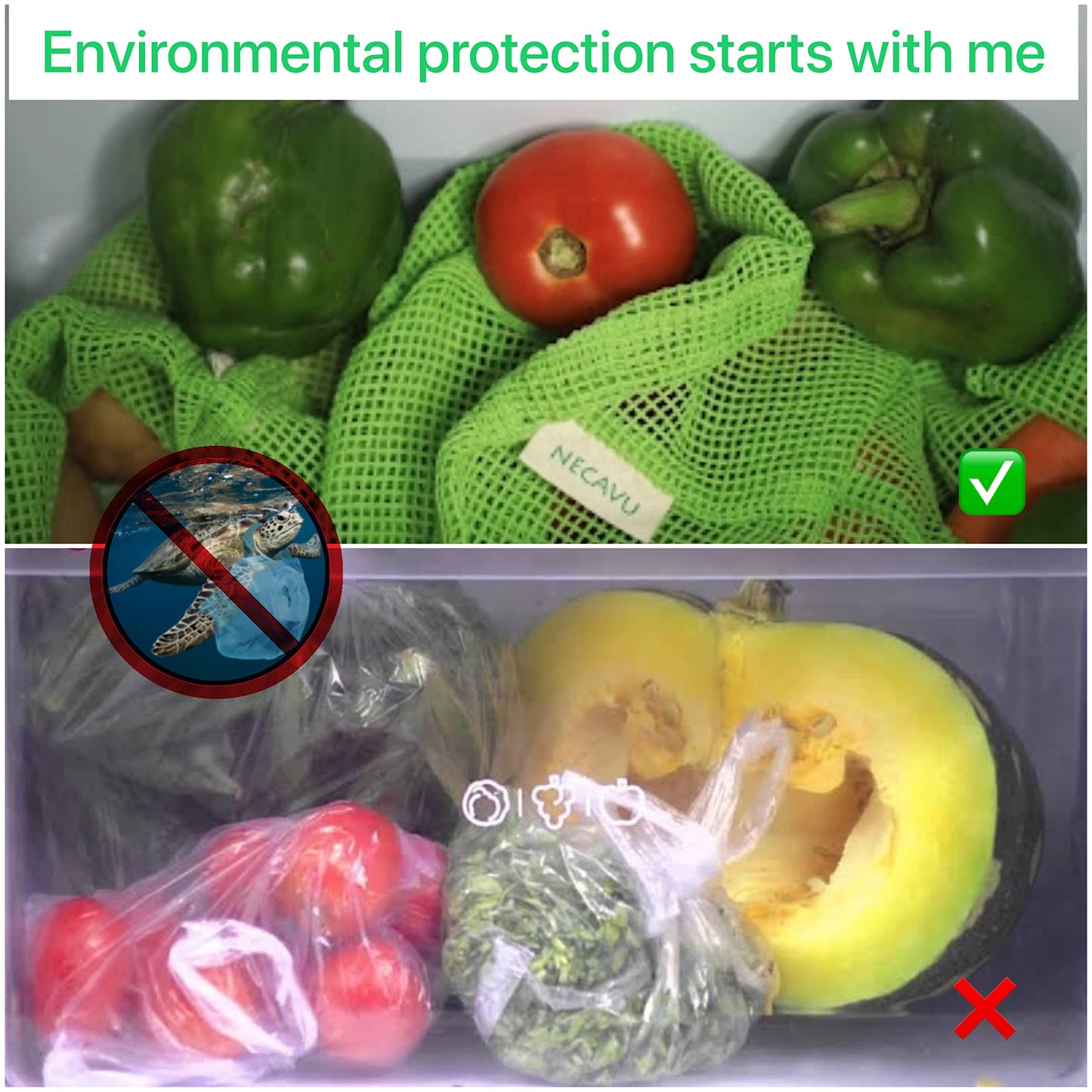 NECAVU 100% Cotton Set of 6 Fridge Bag | Eco-Friendly Natural Vegetables Bags for Fridge Storage & mesh net Vegetable Bag Fridge | Multi-Purpose Eco-Friendly Cotton mesh Bag (Neem Green)