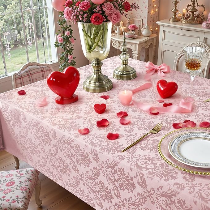 SASTYBALE Pink Tablecloth - 52 x 70 Inch Jacquard Damask Tablecloths Spillproof Wrinkle Resistant Soft Table Cloth Polyester Oblong Table Cover for Valentines Wedding Anniversary Party