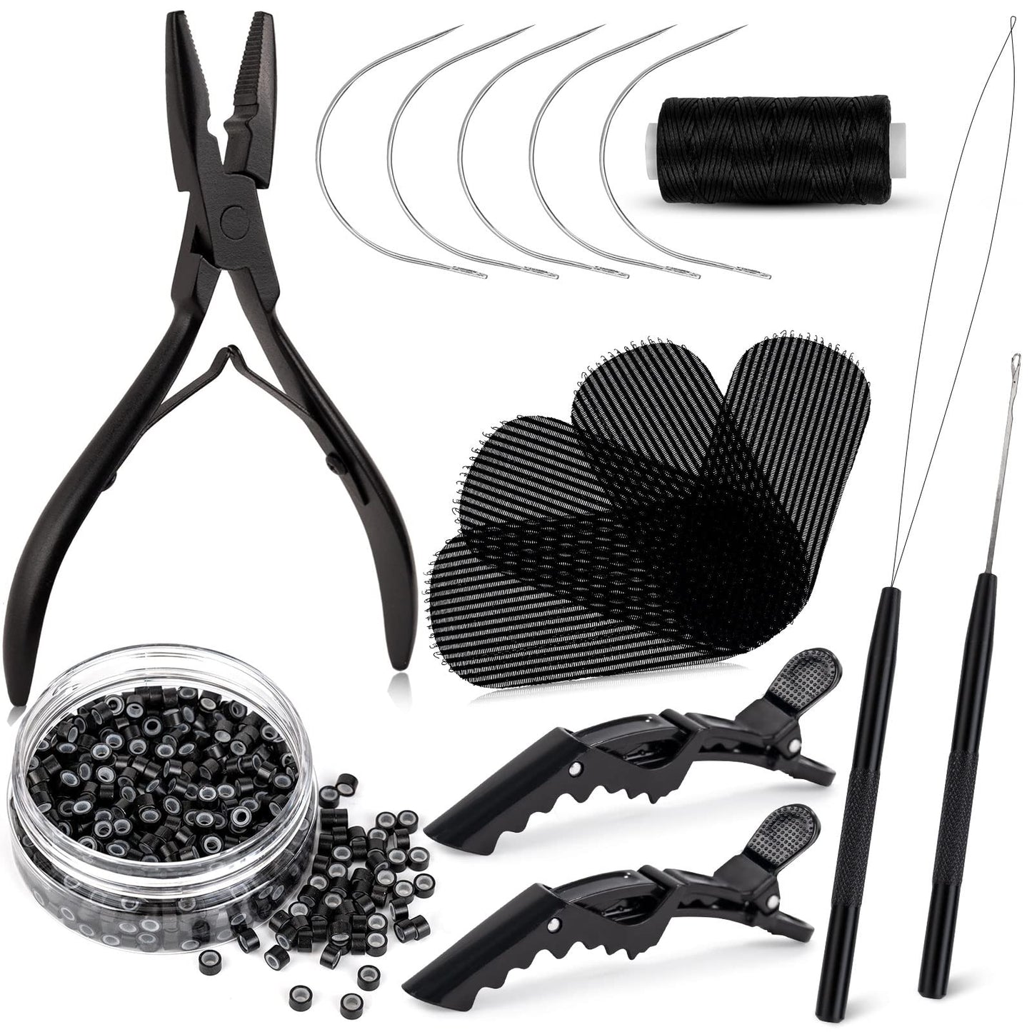 NEWISHTOOL Hair Extension Tool Kit - Silicone Micro Beads, Stainless Steel Beads Plier, Metal Bead Threader and Needle Pulling Hook for Beading Hair Extensions, Girls Cosplay Party Hair Styling Tool