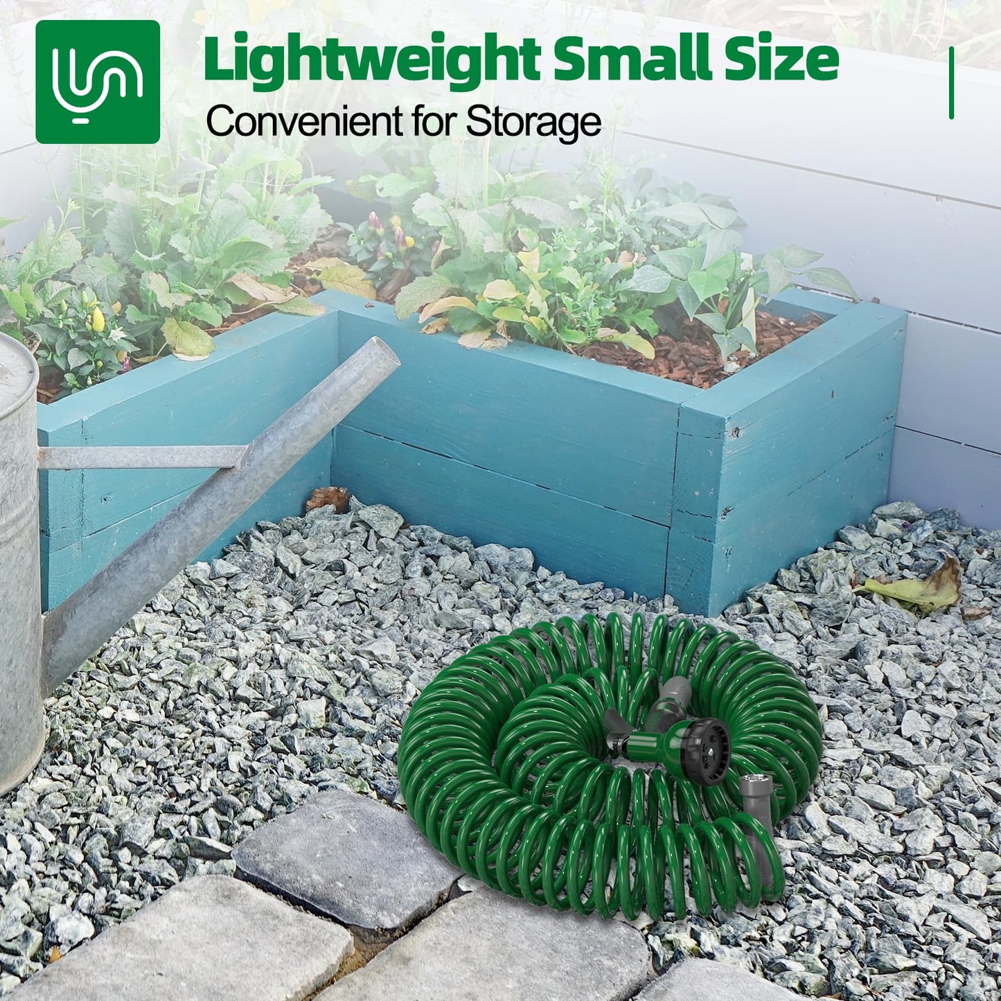 SPECILITE 3/8" Lightweight Coil Garden Hose 50 FT, EVA Flexible Curly Water Pipes with 6-Pattern Spray Nozzle for Boat, Greenhouse, Yard, Patio, Green