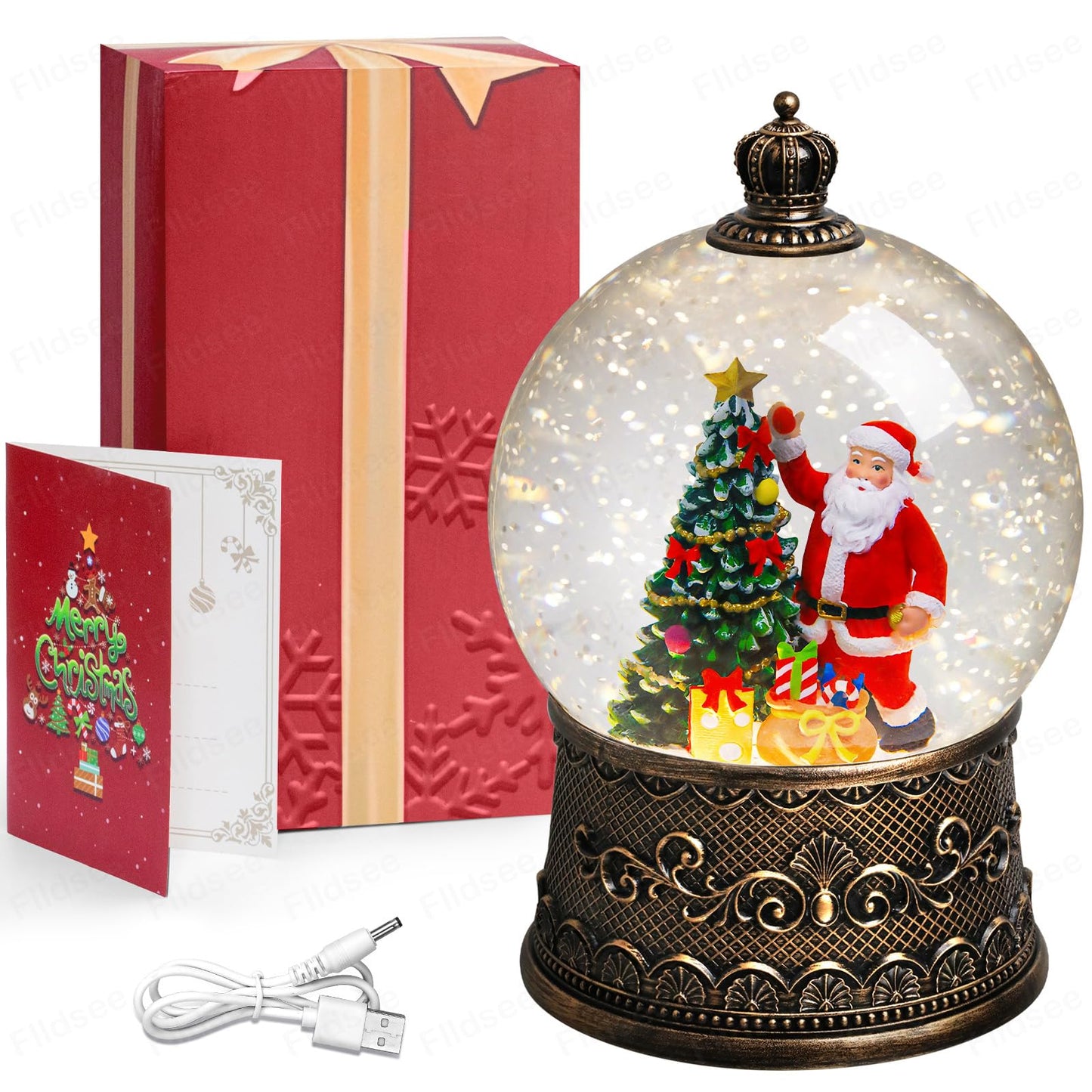Flldsee Christmas Snow Globe Lantern, Glitter Musical Snowglobe Light with Timer, USB & Battery Powered Music Box, Santa Claus Christmas Tree Gifts, Holiday Decorations Indoor Home Decor
