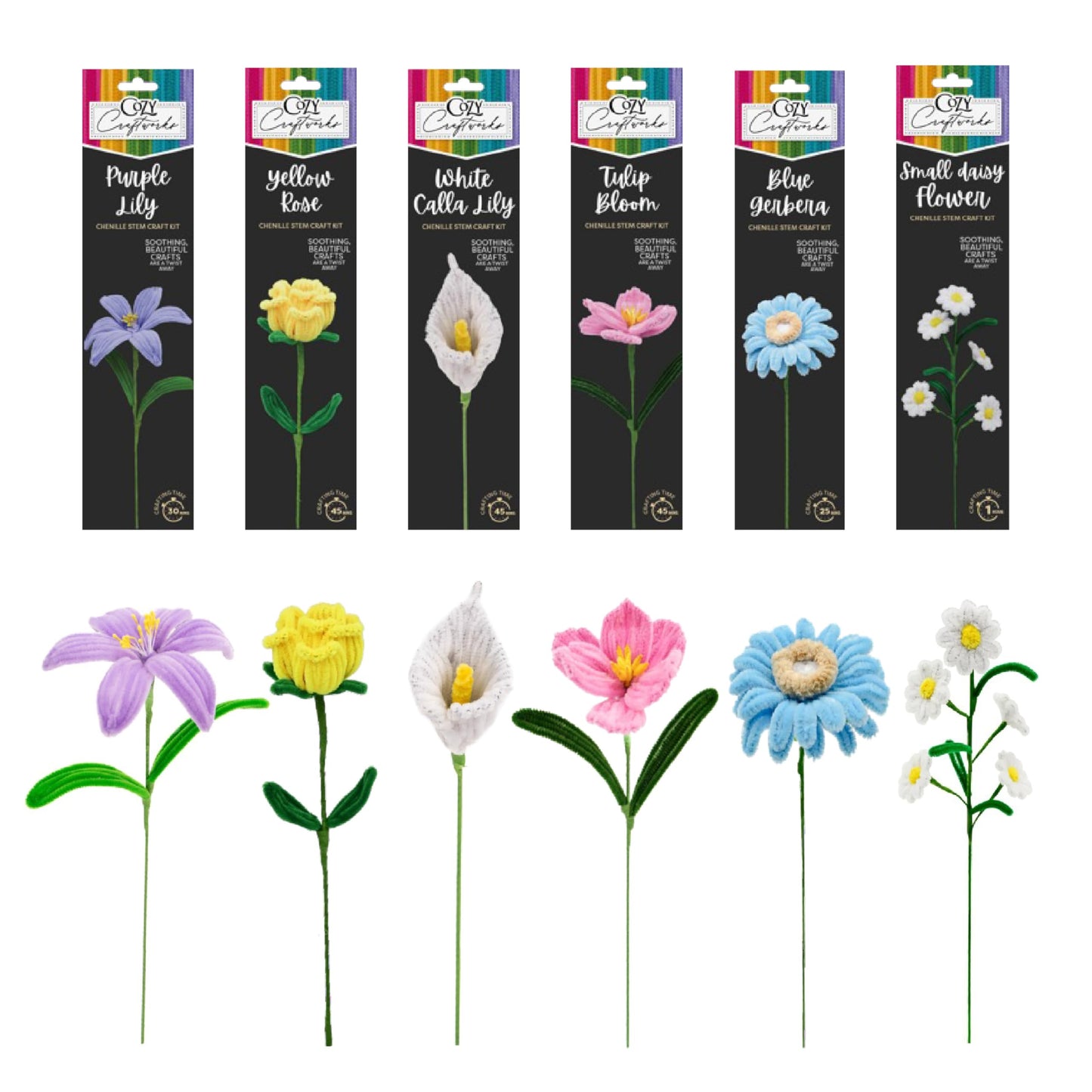 WeVeel Chenille Stem Flower Craft Kit for Adults – Create 6 Colorful Blooms (Lily, Rose, Calla Lily, Tulip, Gerbera & Daisy) – Relaxing DIY Arts & Crafts Kit with All Supplies