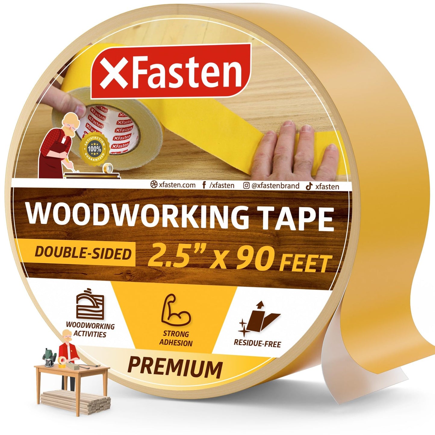 XFasten Double Sided Woodworking Tape w/Yellow Backing 2.5 Inches x 30 Yards