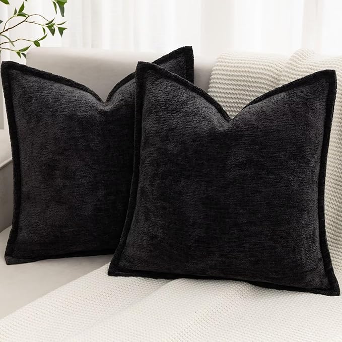 Black Decorative Throw Pillow Covers 24x24 Inch Set of 2 Cozy Soild Chenille Cushion Cases Soft Textured Square Couch Pillows Cover Boho Accent Farmhouse Pillowcases for Sofa Bed