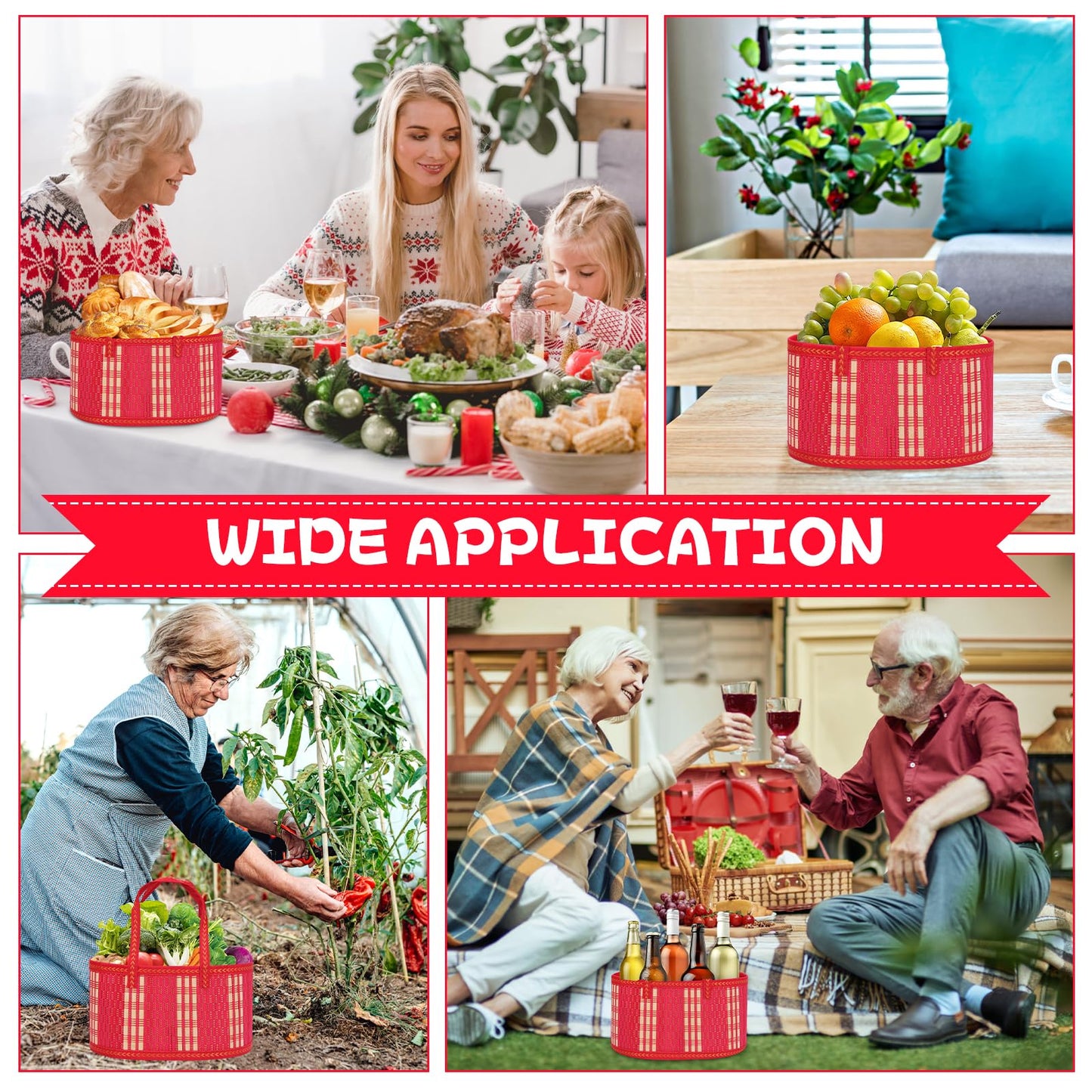 SelfTek 3 Pack Baskets for Gifts Empty, Woven Bamboo G-ift Basket Kit with Wrap Bags, Gift Card, Raffia and Pull Bows, Gifts Baskets for Birthday, Wedding, 30 x 20 x 15 cm-Red