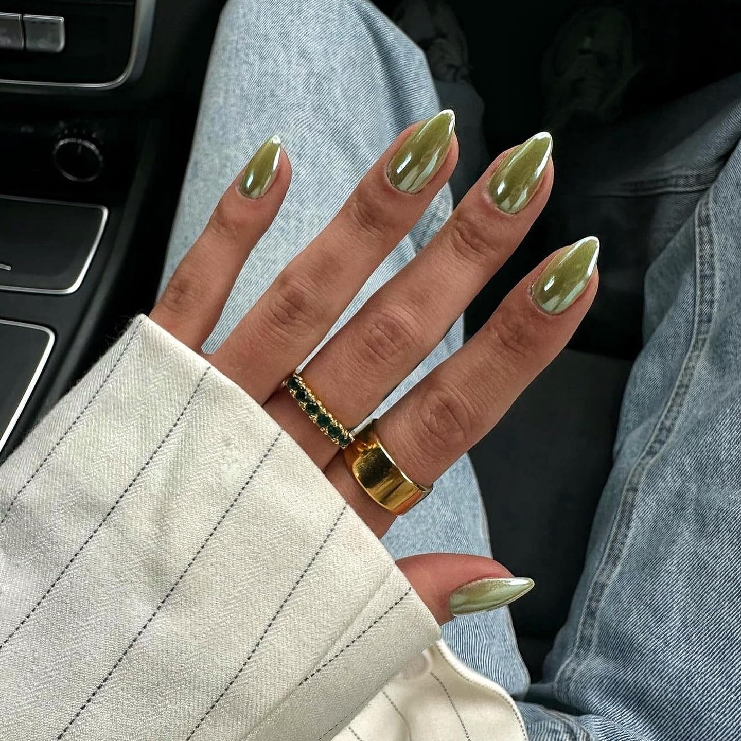 Chrome Green Press on Nails Almond Medium, KQueenest Glazed Stiletto Fake Nails Press ons With Mirror Effect, Glitter Glue on Nails Medium Bling Acrylic Nails Spring False Nails for Women Decoration