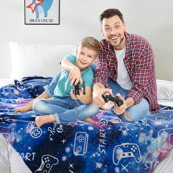SOCHOW Glow in The Dark Gaming Blanket for Gamers, Soft Cozy Gamepad Game Controller Throw Gift Toys for Teens Youths Adults, Birthday Easter Room Decor Blanket, Blue 50 x 60 Inches