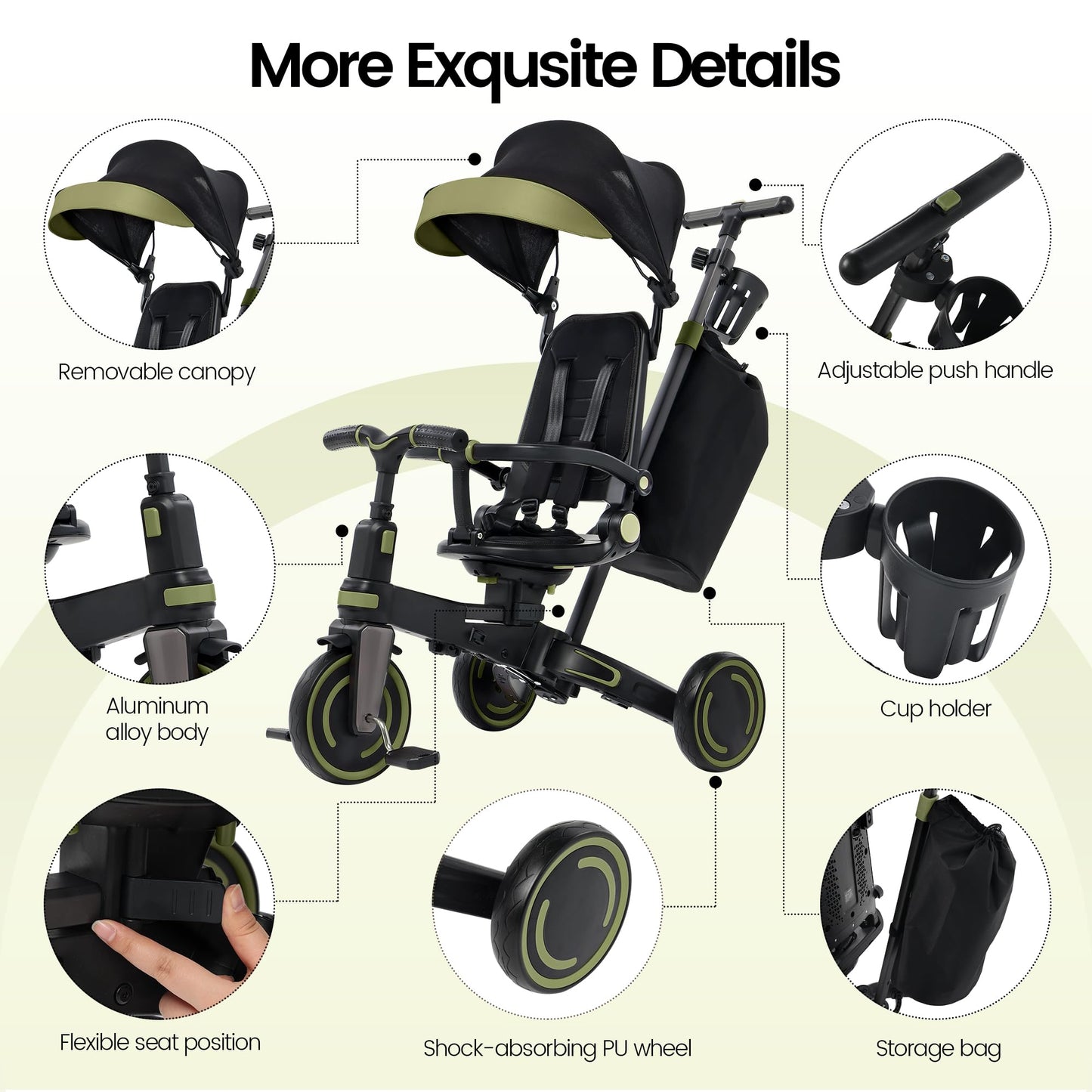 Aneco 9-in-1 Multi-functional Baby Tricycle for Toddlers 10 Months-3 Years with Removable Canopy Rotatable Seat Safety Harness Wheel Brake Adjustable Push Handle Storage Bag Cup Holder Black and Green