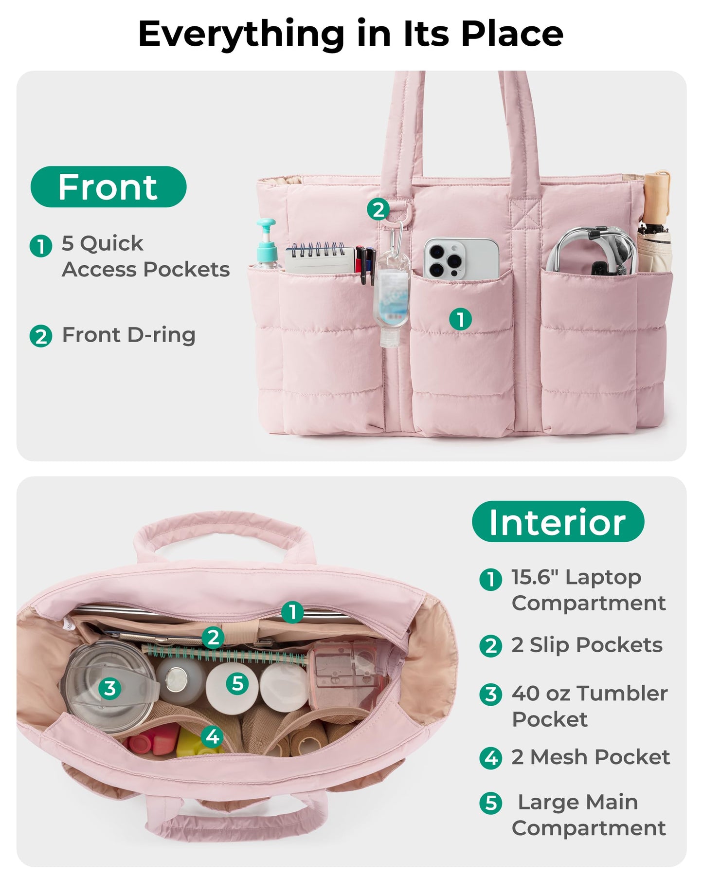 Fasrom 2PCS Nurse Tote Bag Bundle for Work, Structured Clinical Bag and Lightweight Puffer Nursing Tote, Multi-Pocket Nurse Bags for Nurses, Nursing Students, Home Health Care, Black+Pink