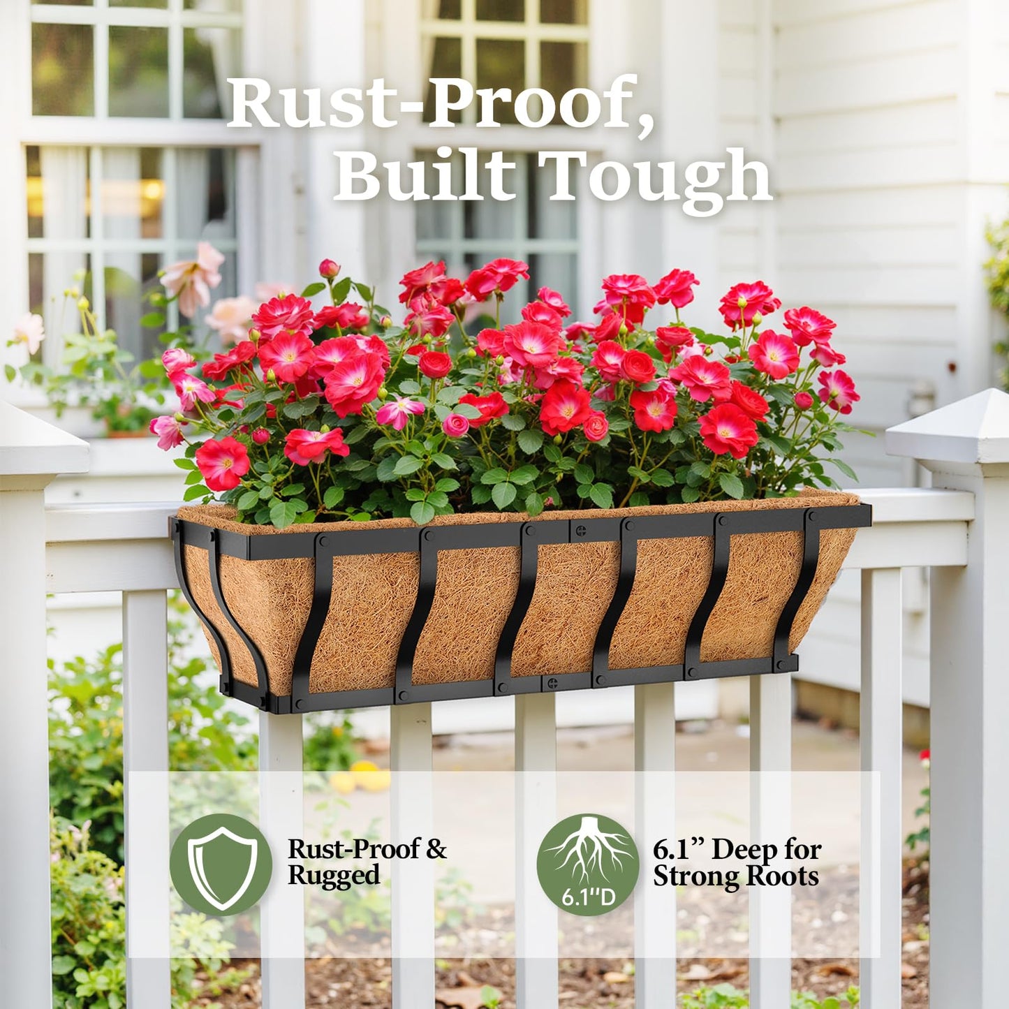 VOXOR Railing Planter Boxes, Heavy Duty Window Box Planters, Adjustable Balcony Planters for Railing Hanging, with Coco Liner & Support Rod for Deck, Porch, and Patio Gardening (2 Pack, 24 Inch)