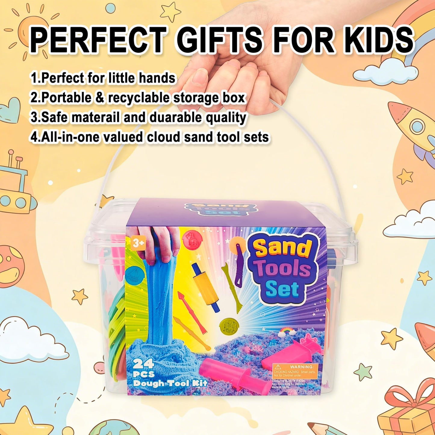 Carolart Sand and Dough Tools Set, 6 Colors Cloud Sand Kit with Storage Box, Play Tools with Clay Accessories, Rolling Pin, Educational Toys and Gift for Toddlers Age 3+