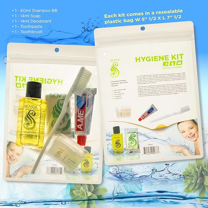 Moda West 96 Hygiene Kits - Bulk Case of Wholesale Basic Toiletry Kits for Men, Women, Travel, Charity 5 Pc A Kit