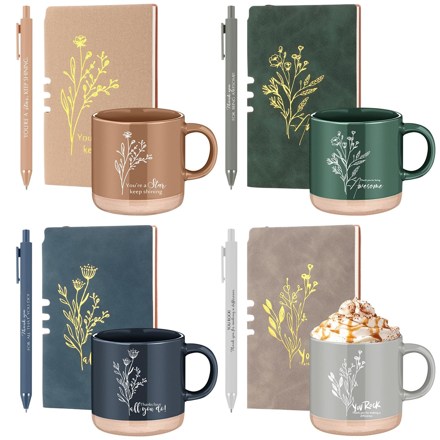 Didaey 4 Sets Employee Appreciation Gifts Set 13oz Boho Floral Ceramics Coffee Mugs with A6 Leather Notebooks Ballpoint Pens Bulk Christmas Thank You Gift for Coworkers Staff Team Nurse