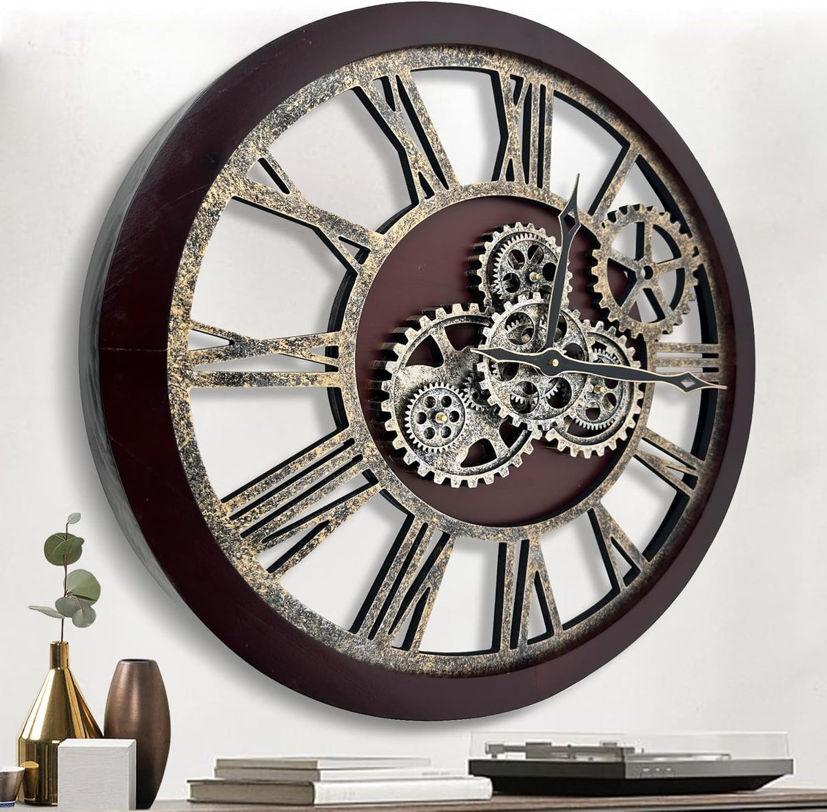 The B-Style Large Wall Clock 24 inch Moving Gear Wall Clock Oversized Vintage Farmhouse Wall Clocks for Living Room Decor Rustic Industrial Wood Clock (Cherry red and Bronze)