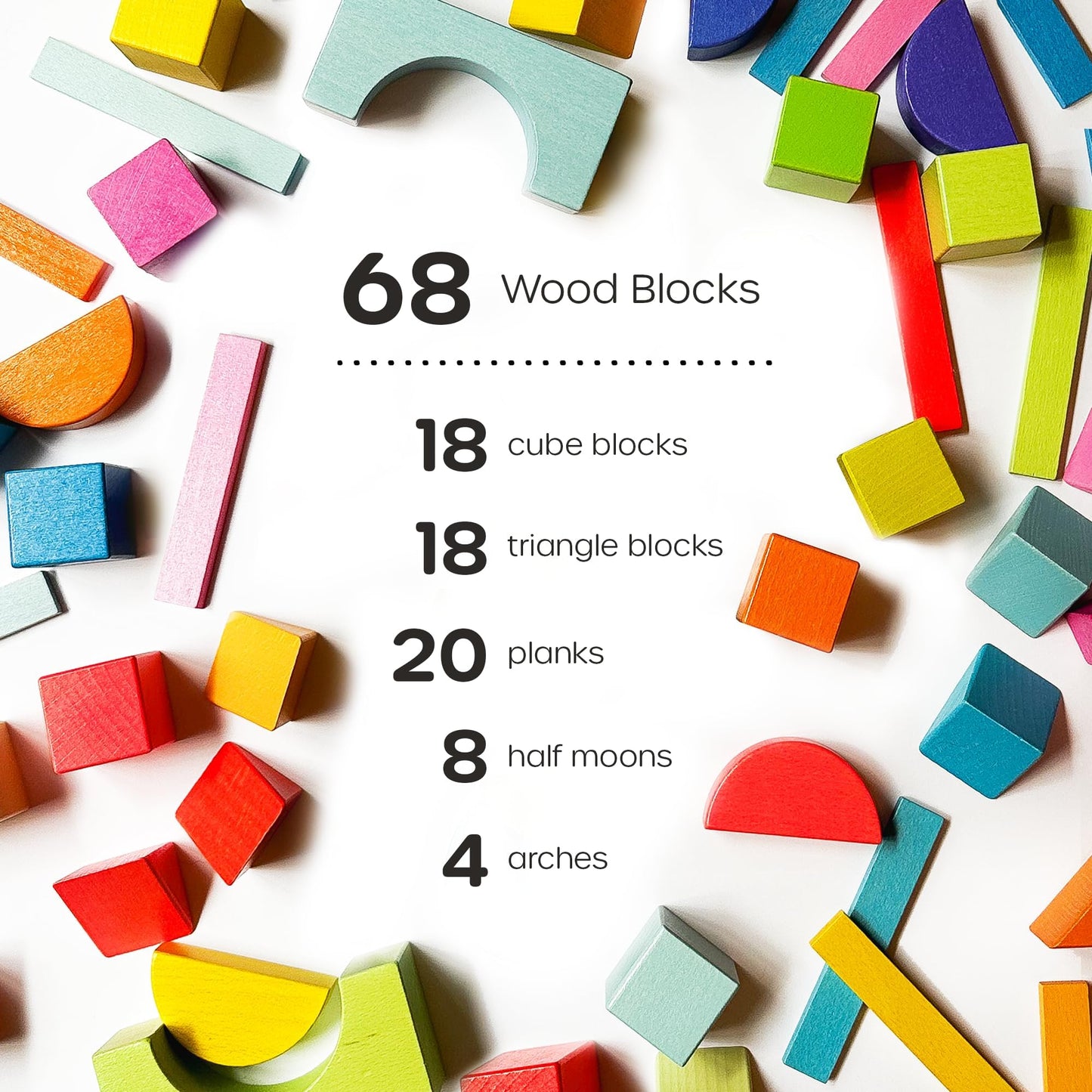 Quiggly Montessori Wooden Rainbow Building Blocks Set | 68-Piece Educational STEM Toy for Toddlers | Includes Storage Box with Carry Handles | Ideal for Ages 12-48+ Months (Wooden Storage Box)