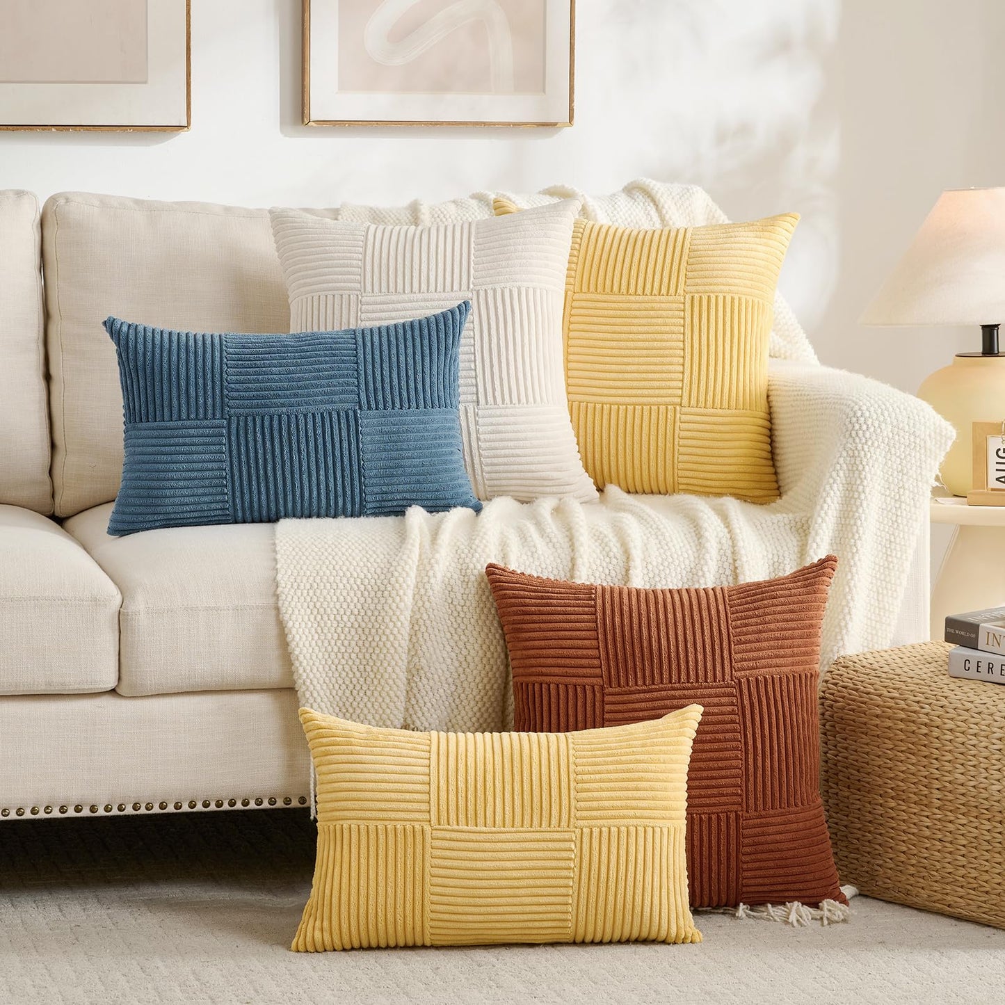 Fancy Homi Set of 2 Rust Boho Decorative Throw Pillow Covers 20x20 Inch for Living Room Bedroom Couch Bed Sofa, Modern Farmhouse Home Decor, Soft Striped Patchwork Plaid Corduroy Accent Cushion Case