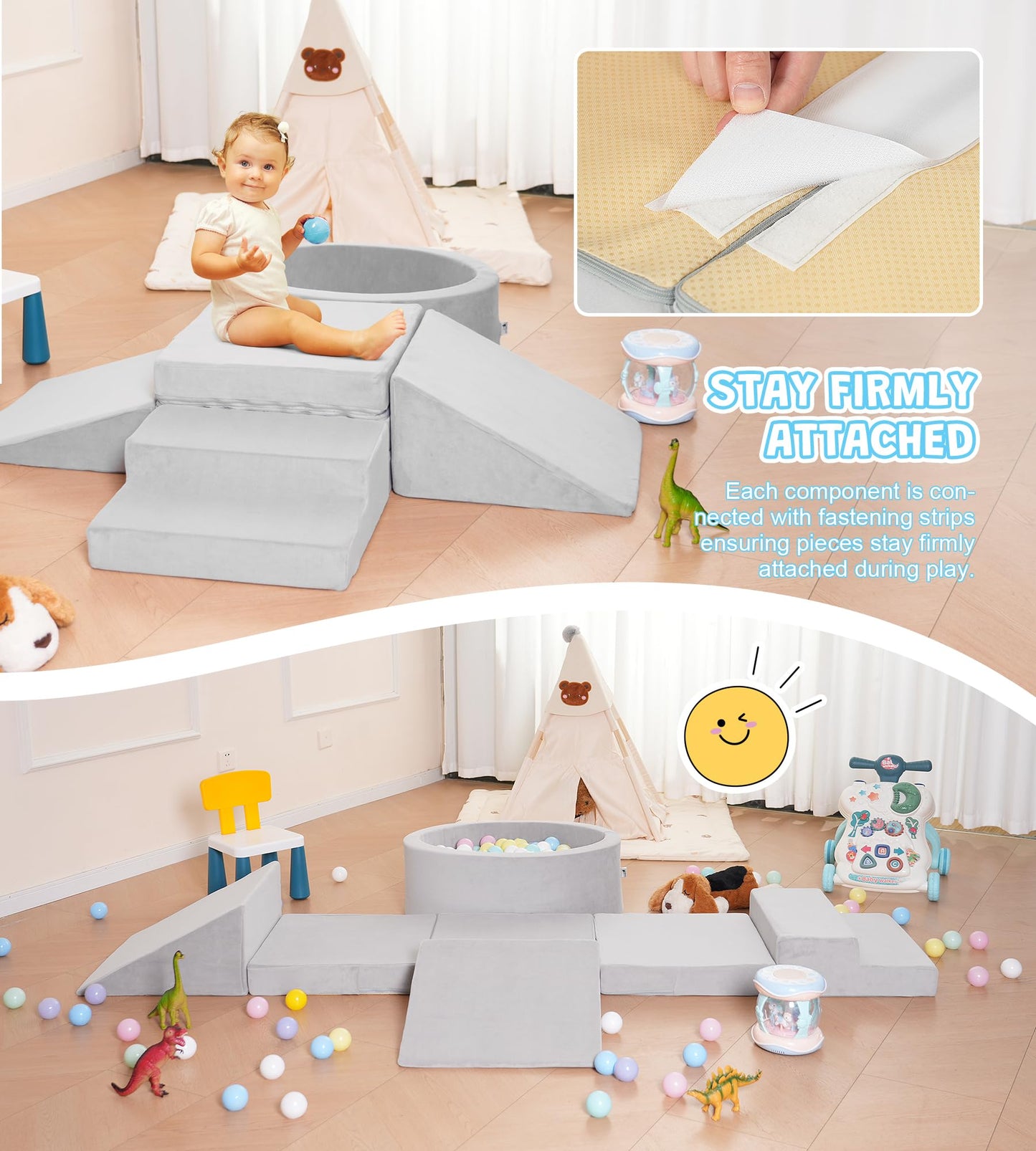 Elftopia Foam Climbing Blocks with Ball Pit & Stairs for Toddlers Aged 1-3 -Soft Playset for Indoor Crawling, Foam Playground Set for Baby to Active Playing Inside -(Balls NOT Included),Grey