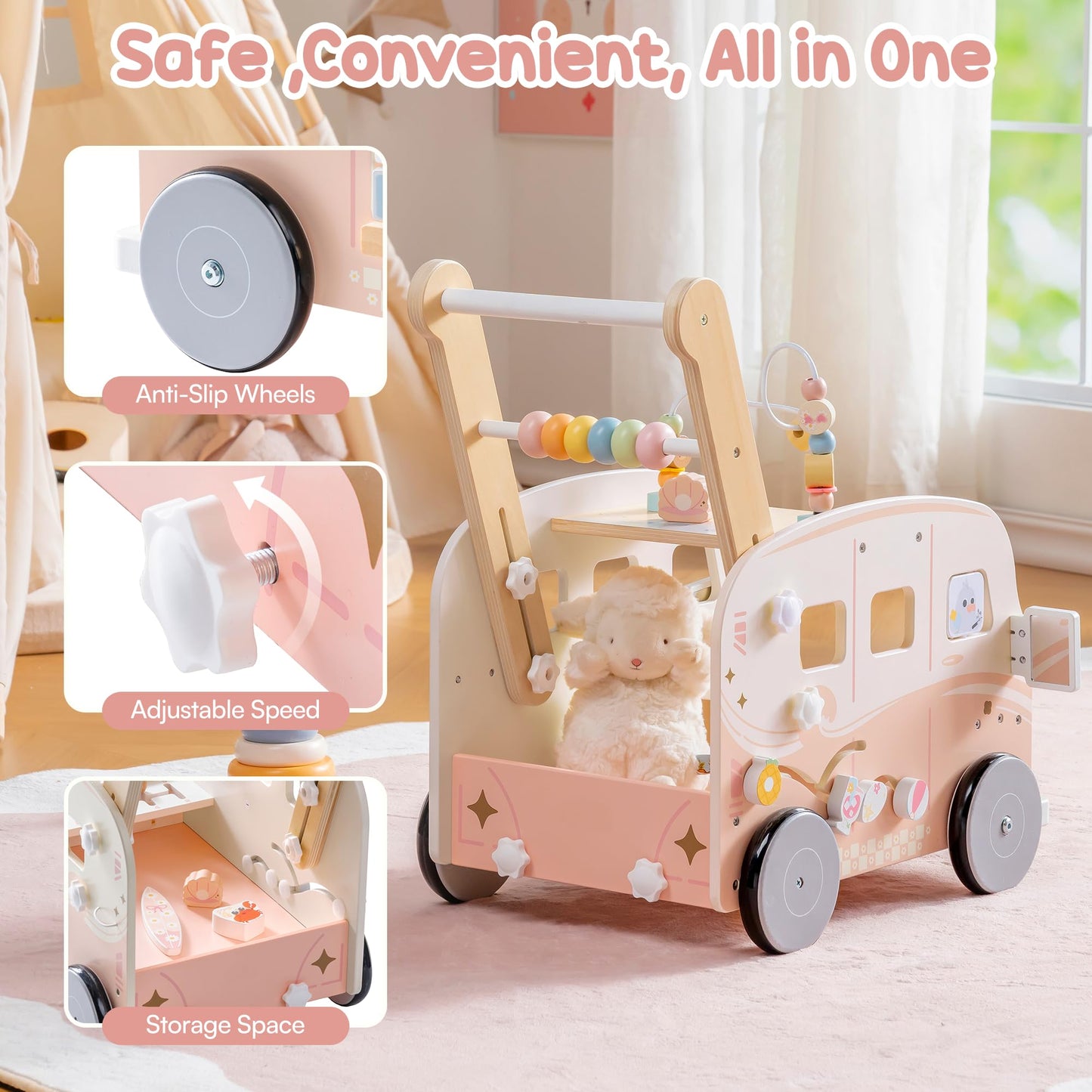 ROBOTIME Wooden Baby Walker, Baby Push Walker, Activity Center Toys, Ajustable Speed Multi-Functional Baby Walker with Wheels for Babies Learning to Walk (Pink)