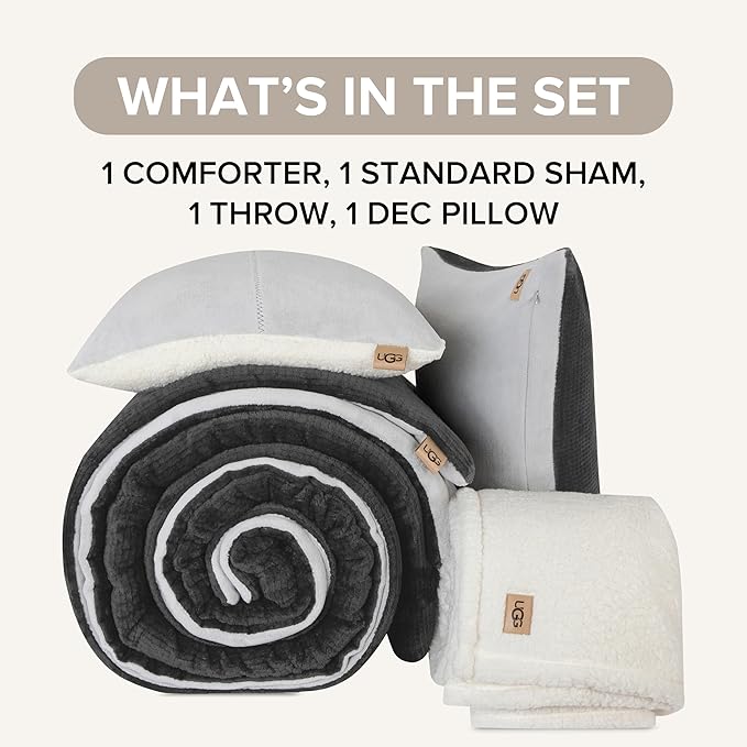 UGG Remina Twin Comforter Set 4 Piece Bed in a Bag with Throw Blanket, Decorative Pillow, Sham, and Reversible Comforter Hypoallergenic Washable College Dorm Bedding, Twin XL, Charcoal Grey
