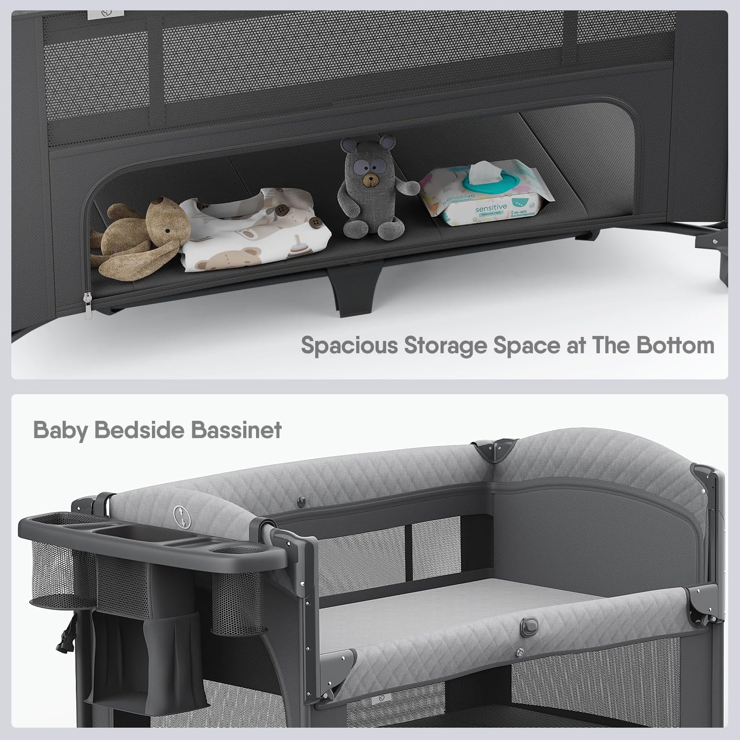 Obee Odee 4 in 1 Baby Bassinet, Pack and Play, Bedside Crib Sleeper, Diaper Changer - Comes with Mattress, Mosquito Net, Bottom Storage and Toy Bar for Newborn to Toddles