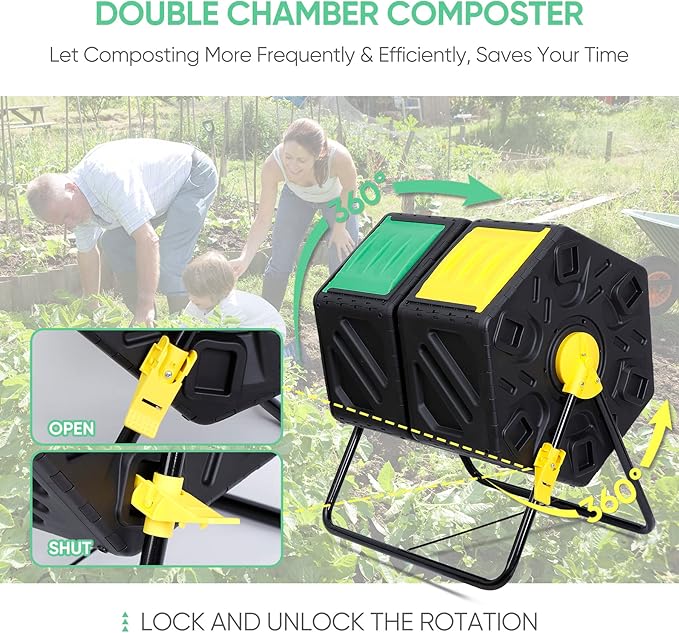 F2C Dual Chamber 37 Gallon Compost Tumbler All-Season Outdoor BPA Free Large Composter Bin w/ 2 Sliding Doors and Solid Steel Frame