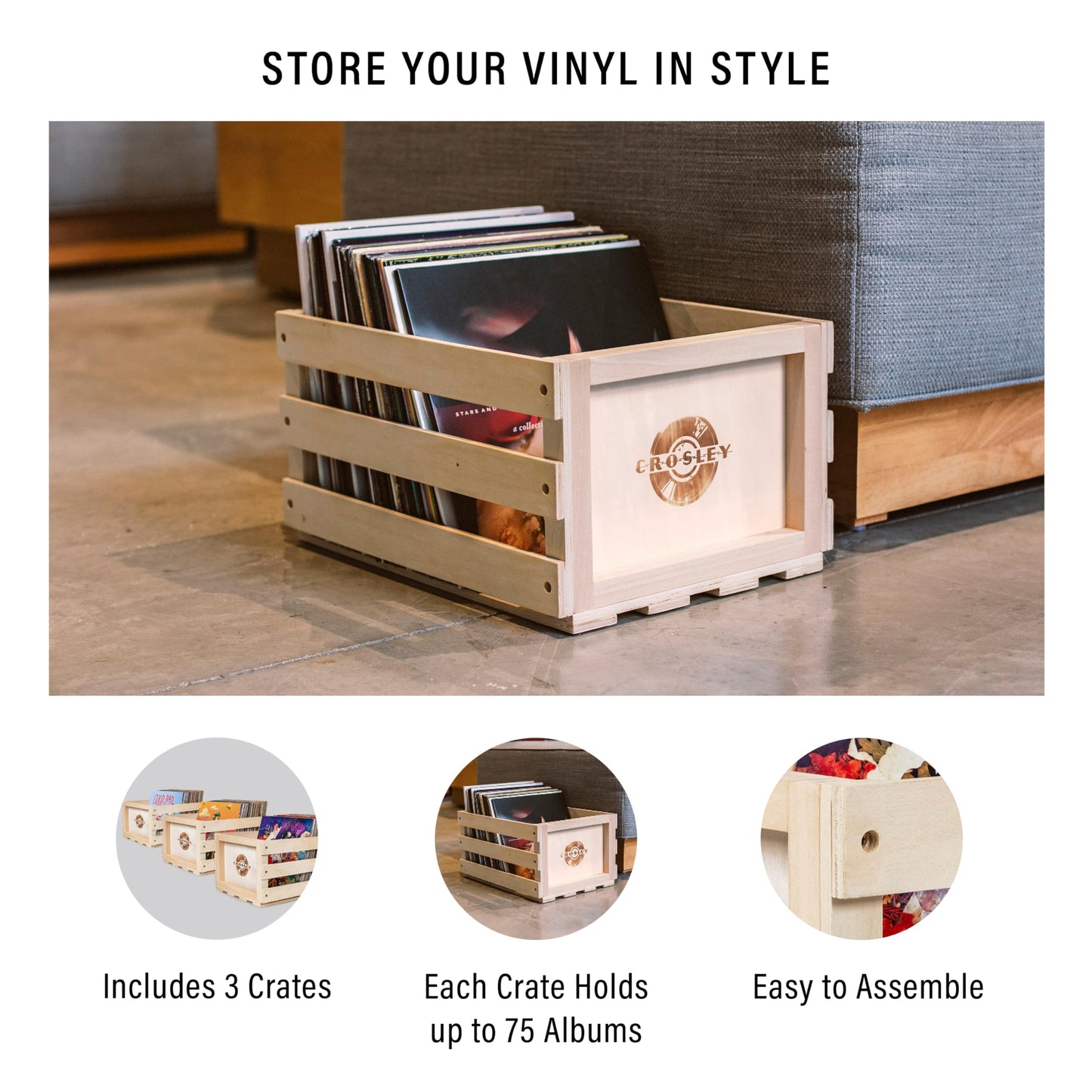 Crosley AC1004A-NA Record Storage Crate Holds Up to 75 Albums, Natural