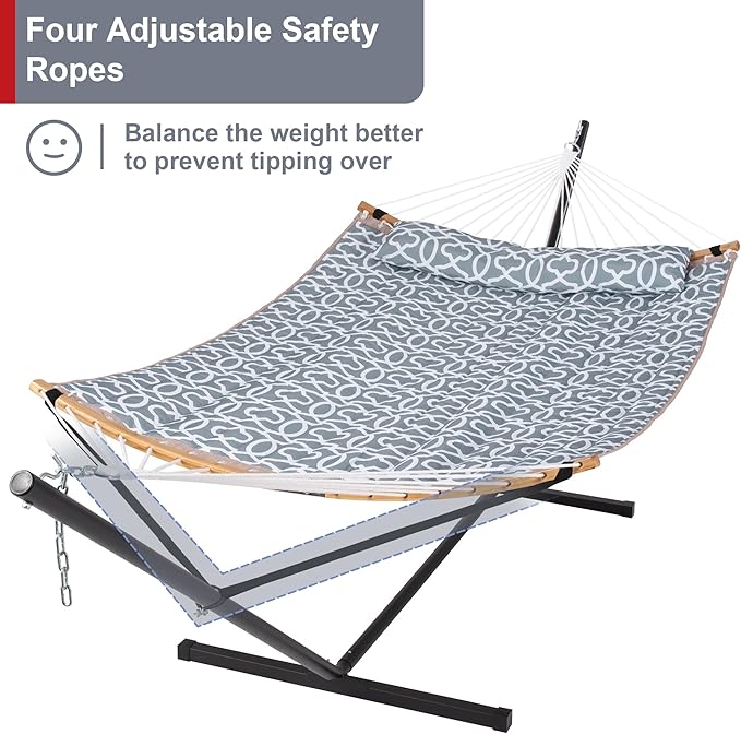 Double Hammock with Stand Included, Portable Hammock with Curved Spreader Bar, Pillow and Carrying Bag, 450 Lbs Capacity, Grey Pattern