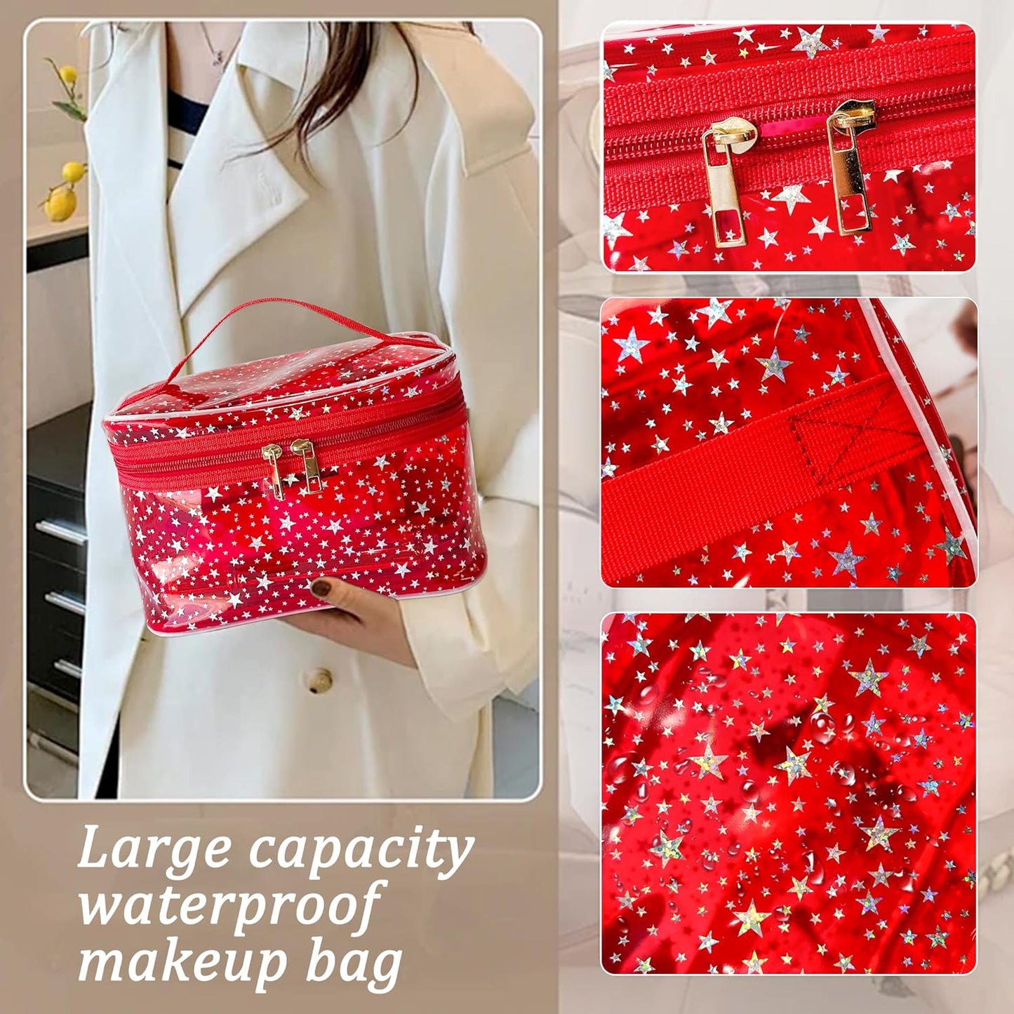 Holographic Makeup Bags Bulk,Clear Storage Bag Toiletry Pocket Portable Zippered Iridescent Pouch Waterproof Cosmetic Gift Bags for Women (Pink-L)