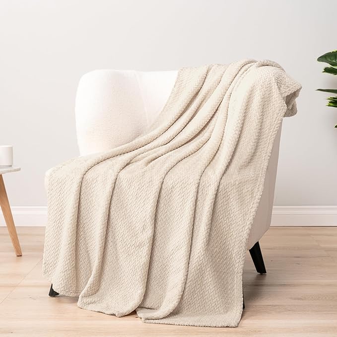 PAVILIA Soft Fleece Ivory Cream Throw Blanket for Couch, Lightweight Plush Warm Blankets for Bed, Fuzzy Cozy Flannel Blanket Throw for Sofa, Travel, Jacquard Pattern, Ivory/Cream, 50x60 inch