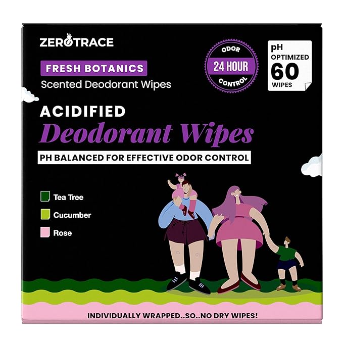 Zero Trace Travel Deodorant Wipes - 60 Count- 24 Hour Odor Control - Aluminum Free Hypoallergenic Mini Deodorant Wipes For Women and Men - Individually Wrapped Underarm & Body Wipes- Fresh Botanics