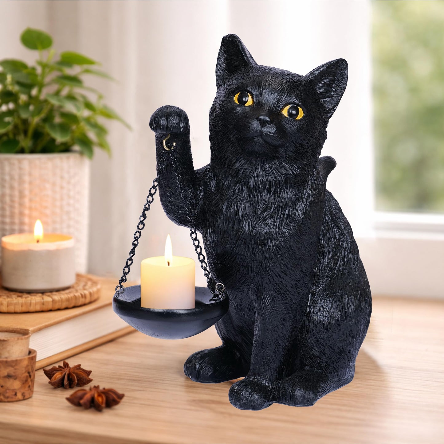 Gothic Black Cat Lamp with Tealight Candle Holder Cat Statue Halloween Decorations Indoor Gothic Home Decor for Living Room Tabletop Shelf Bedroom Unique Goth Witchy Gifts Decor