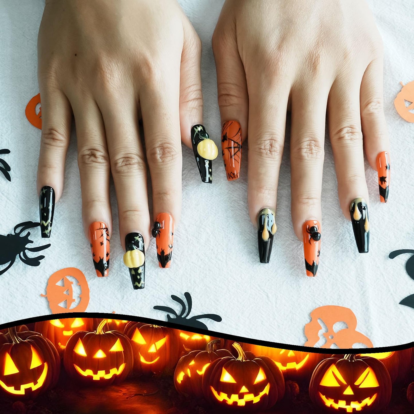 Tesytto Handmade Goth Press on Nails Long Coffin - Black 3D Bat & Spider Web Design, Cool Alt Style Luxury Glue on Nails (Pumpkin Bat Silhouette,M)