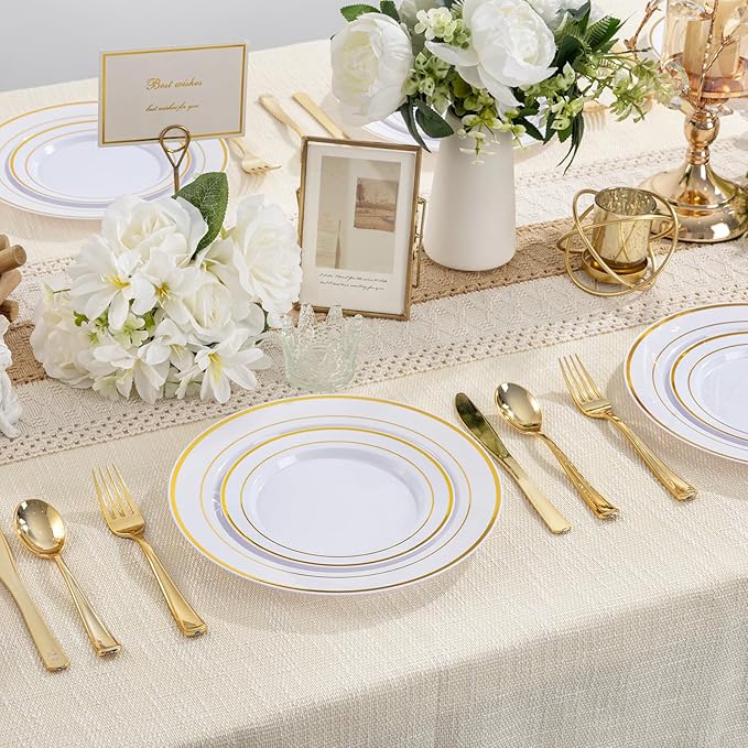 100Pcs Gold Plastic Dessert Plates, Plates Disposable Salad Plate with Gold Rim, Premium Hard Fancy Small Plate, Heavy Duty Plastic Cake Platos for Party, Wedding and Birthday