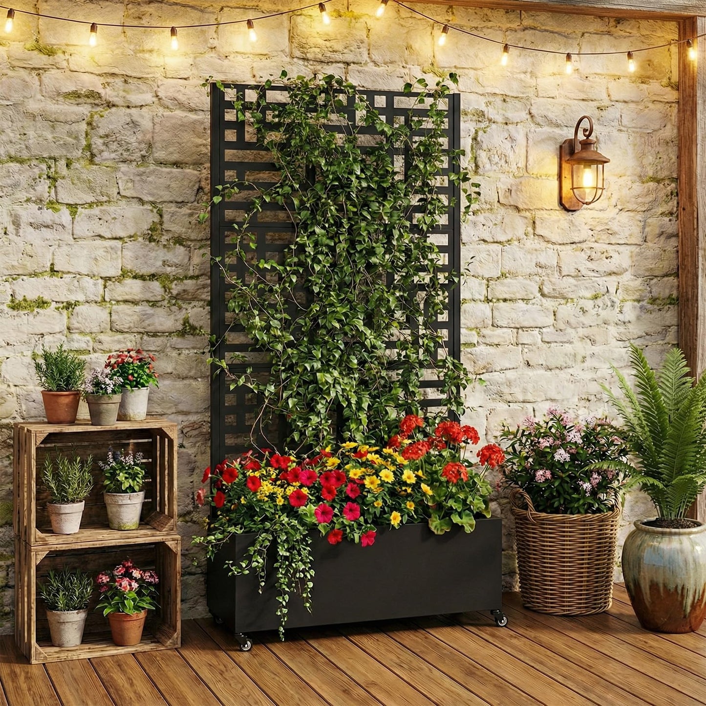 70.87x35.43x15.75 Inch Metal Planter Box with Trellis and Wheels Raised Garden Bed with Drainage Holes Privacy Planters Suitable for Climbing Plants and Vegetables (02)