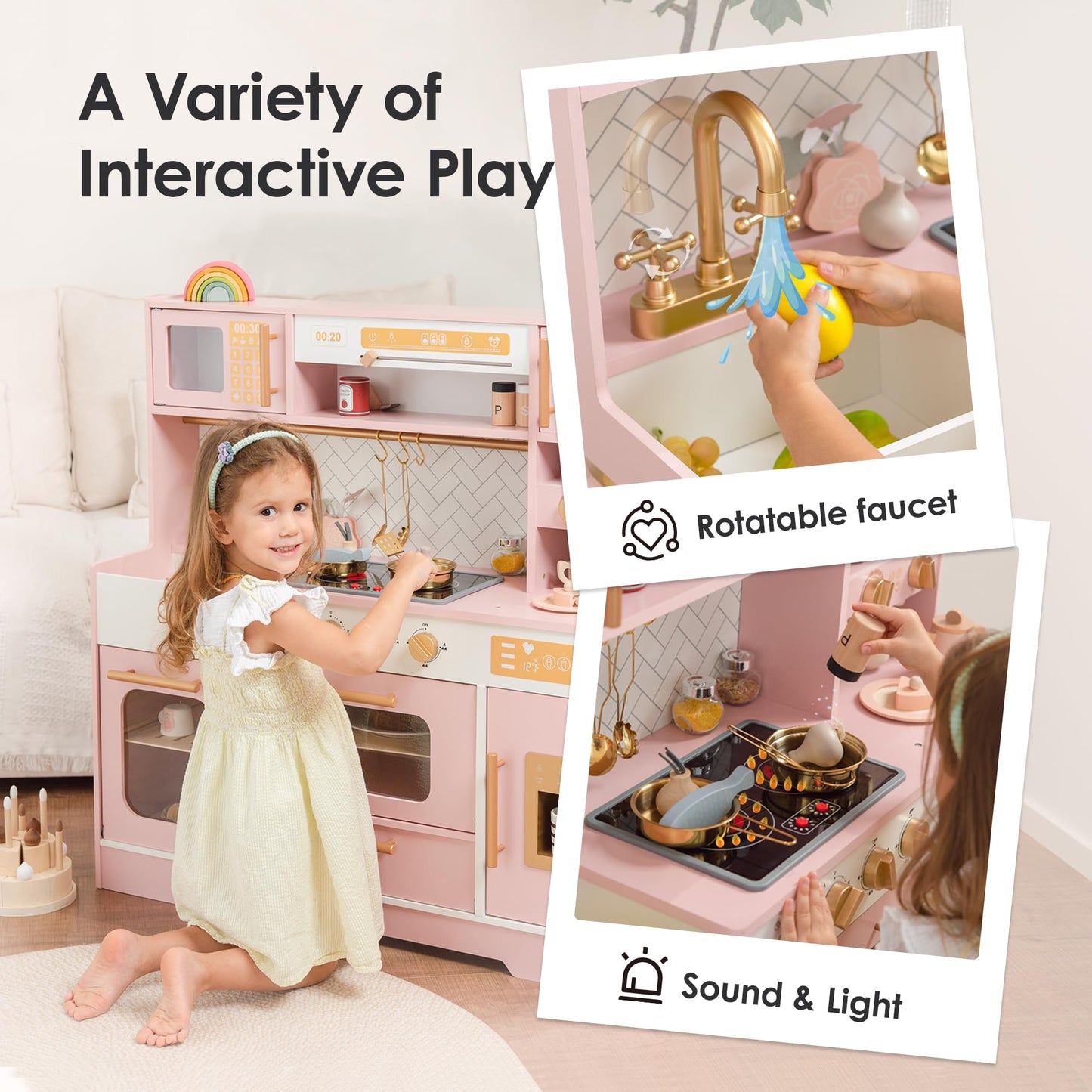 Pink Wooden Play Kitchen for Kids– Realistic Appliances, Storage & 15 Fun Accessories for Inspiring Pretend Play (Ages 3+)