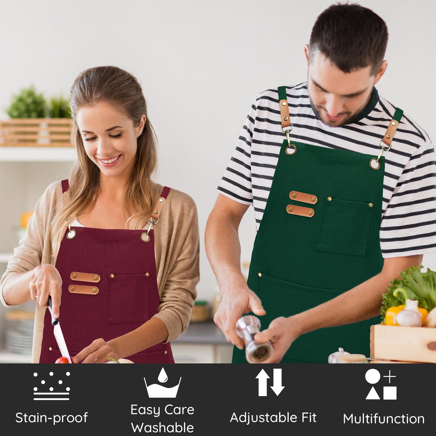 FunChaos Canvas Aprons, Chef Aprons, Work Aprons for Men Women, Adjustable Strap Aprons with 3 Pockets, Apron for Servers Kitchen Cooking Baking Artist Painting, Cross Back